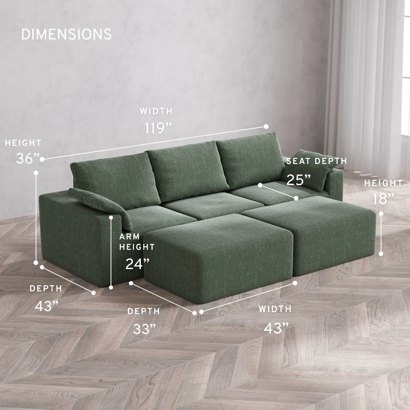 Modular Washable 3-Seater + Chaise Ottoman Bench Cloud + Bolster Sofa | Heirloom Velvet in Sage - Image 5