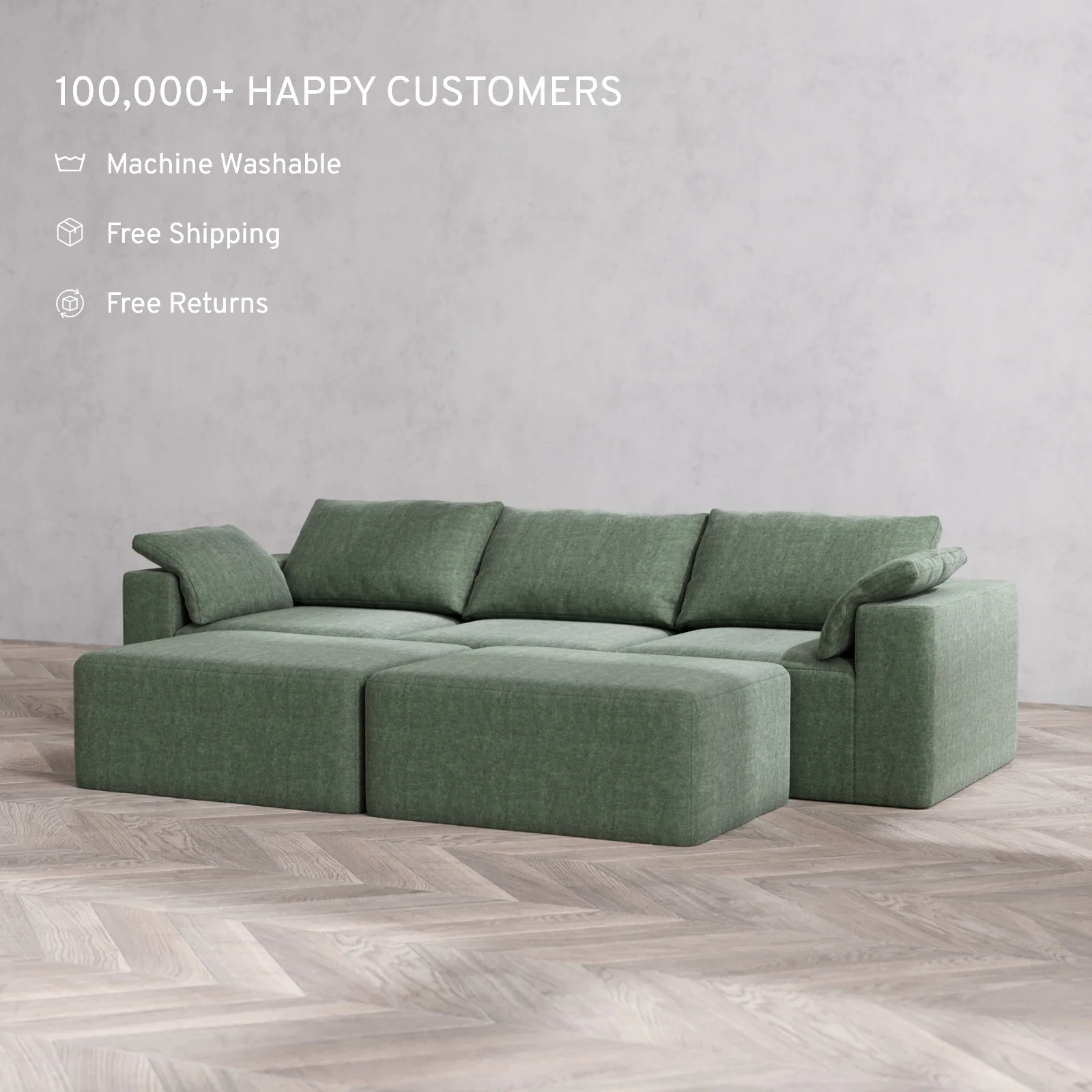 Modular Washable 3-Seater + Chaise Ottoman Bench Cloud Sofa | Heirloom Velvet in Sage - Image 2