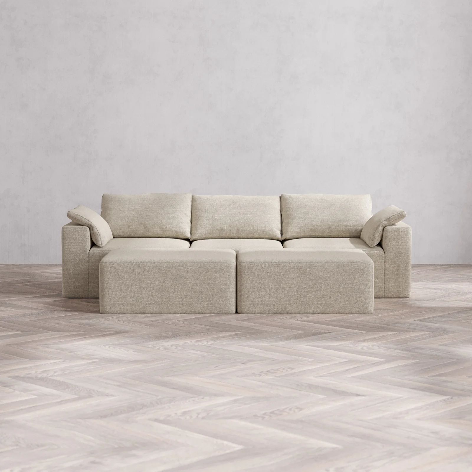 Modular Washable 3-Seater + Chaise Ottoman Bench Cloud Sofa | Plush Twill in Sandstone