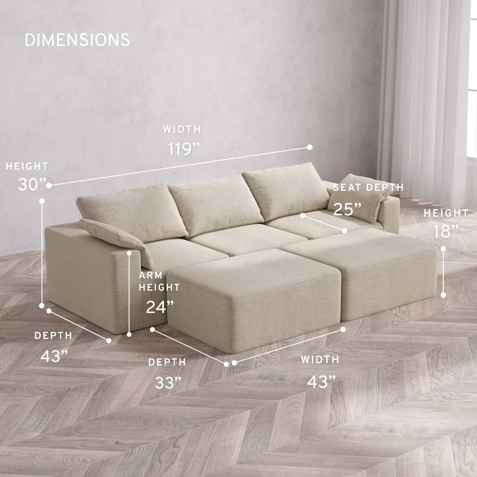 Modular Washable 3-Seater + Chaise Ottoman Bench Cloud Sofa | Plush Twill in Sandstone - Image 5