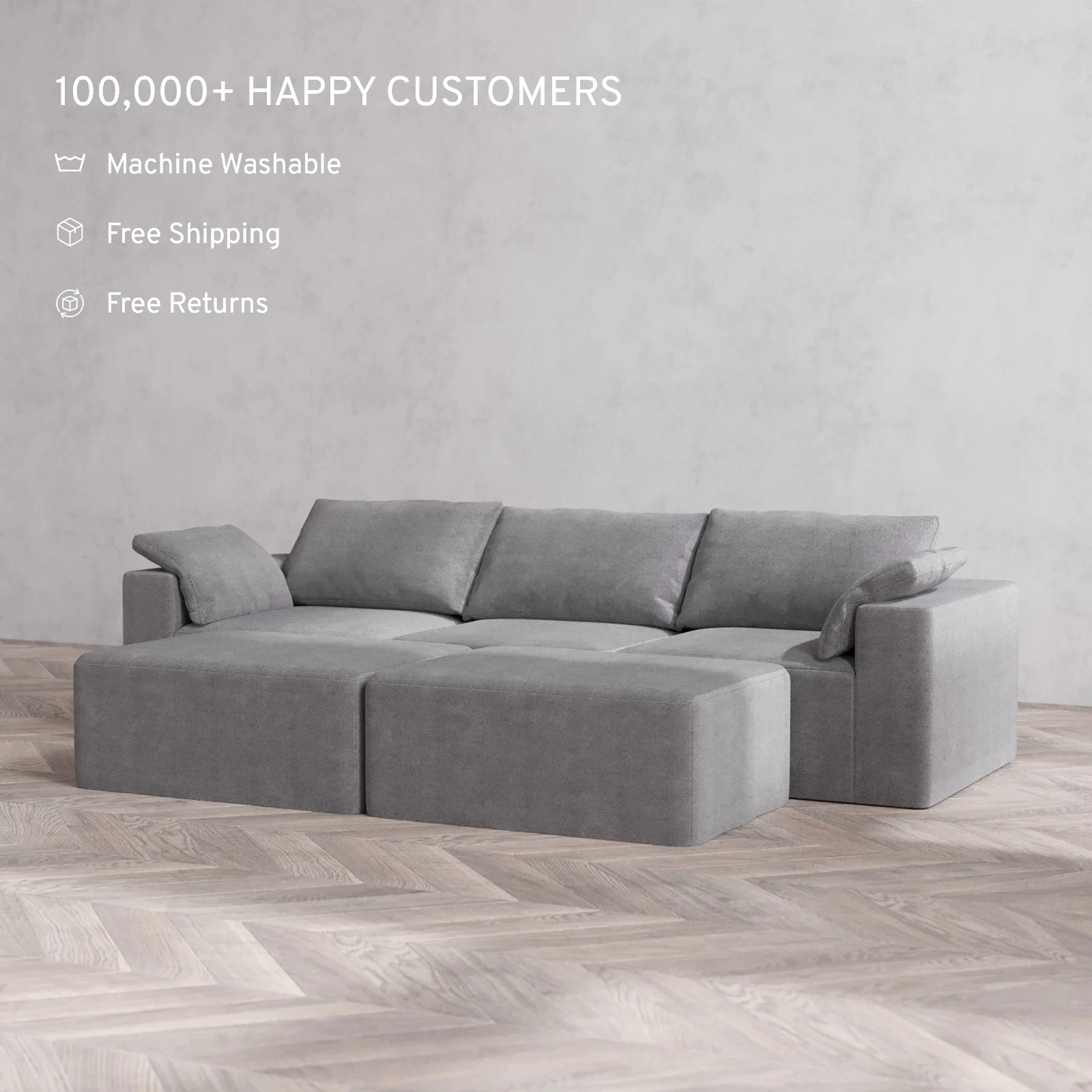 Modular Washable 3-Seater + Chaise Ottoman Bench Cloud Sofa | Lux Weave in Slate - Image 2