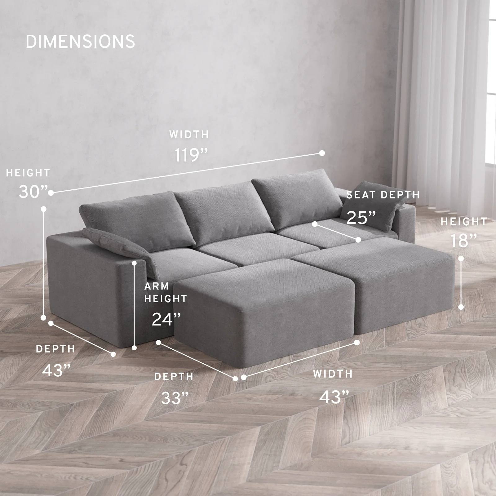 Modular Washable 3-Seater + Chaise Ottoman Bench Cloud Sofa | Lux Weave in Slate - Image 5