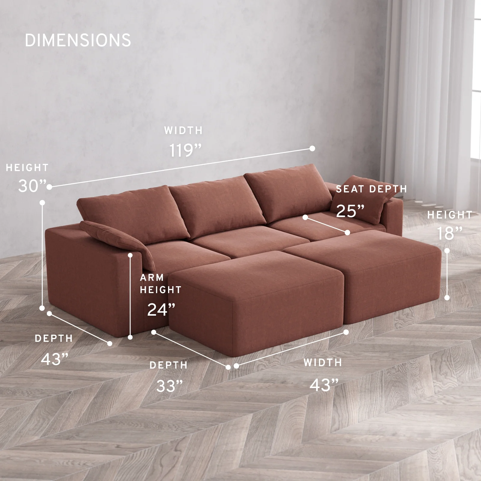 Modular Washable 3-Seater + Chaise Ottoman Bench Cloud Sofa | Heirloom Velvet in Sumac - Image 5