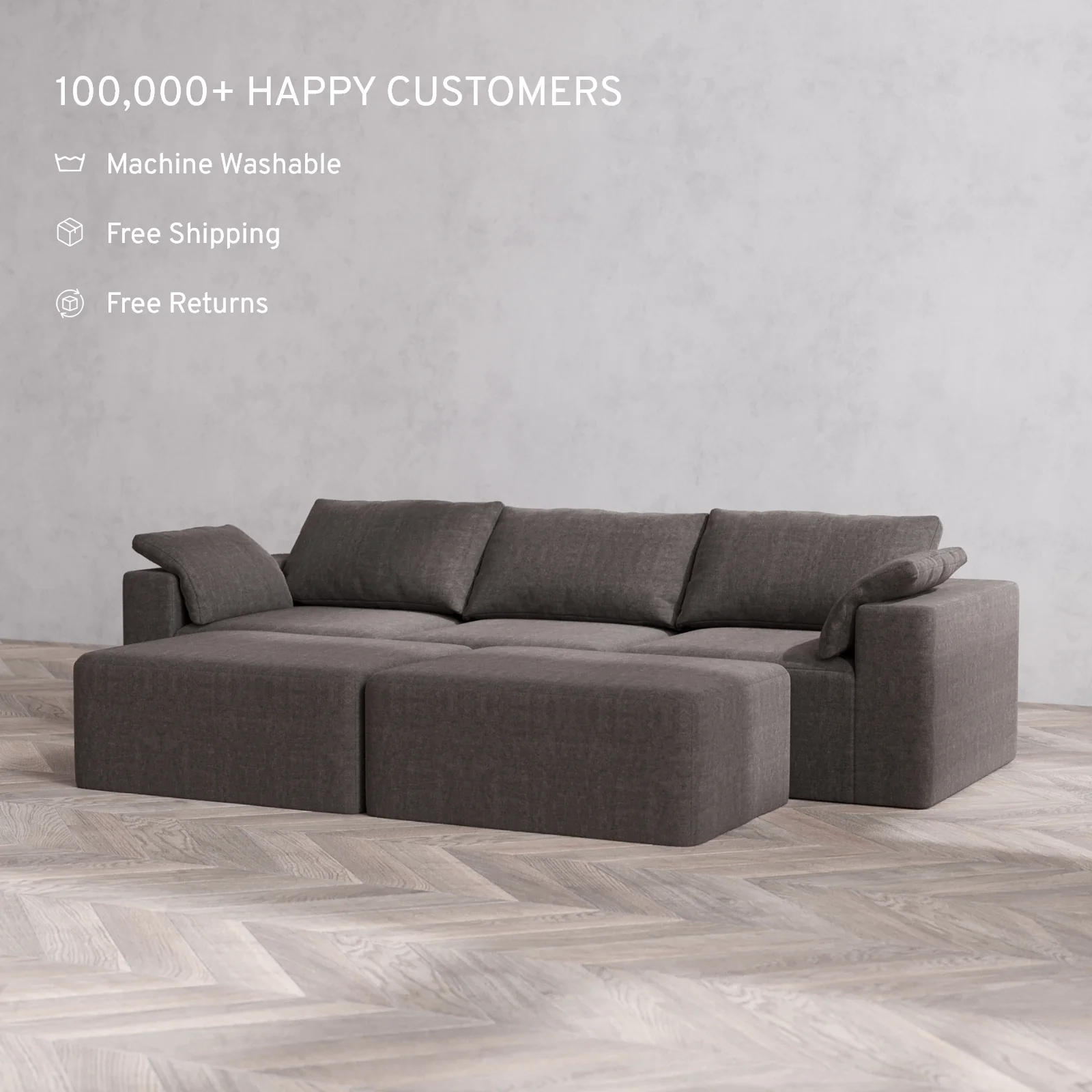 Modular Washable 3-Seater + Chaise Ottoman Bench Cloud Sofa | Heirloom Velvet in Truffle - Image 2