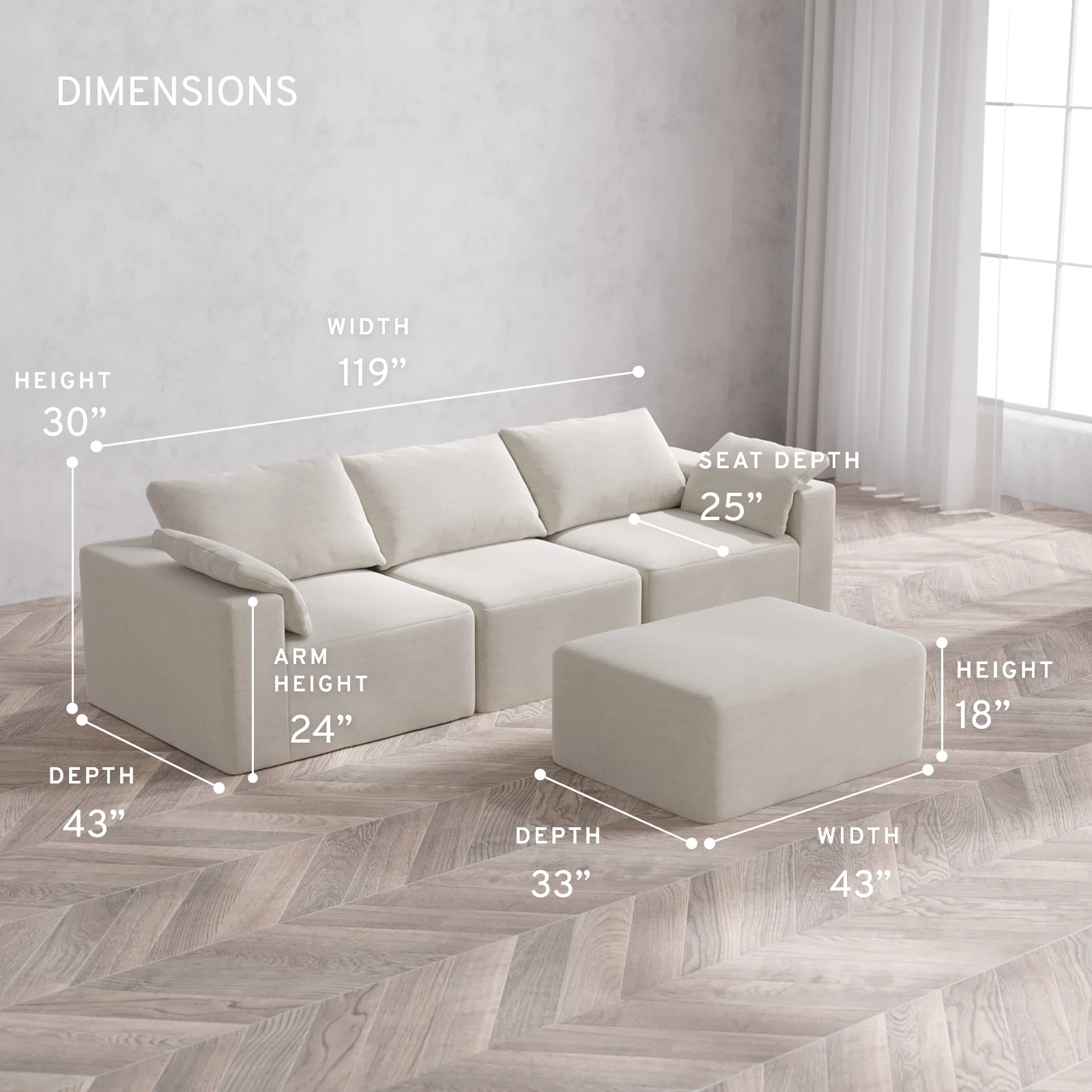 Modular Washable 3-Seater + Chaise Ottoman Cloud Sofa | Satin Velvet in Cashew - Image 5