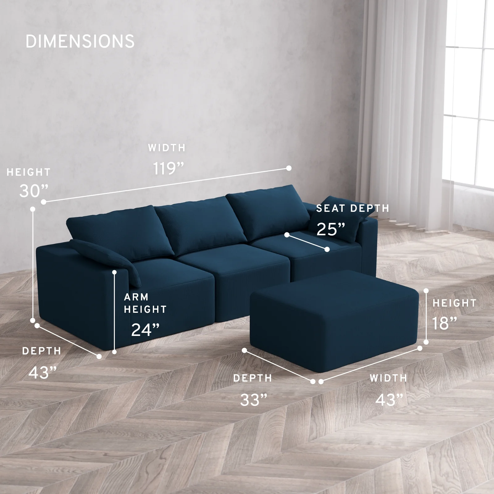 Modular Washable 3-Seater + Chaise Ottoman Cloud Sofa | Arden Weave in Lazuli - Image 5