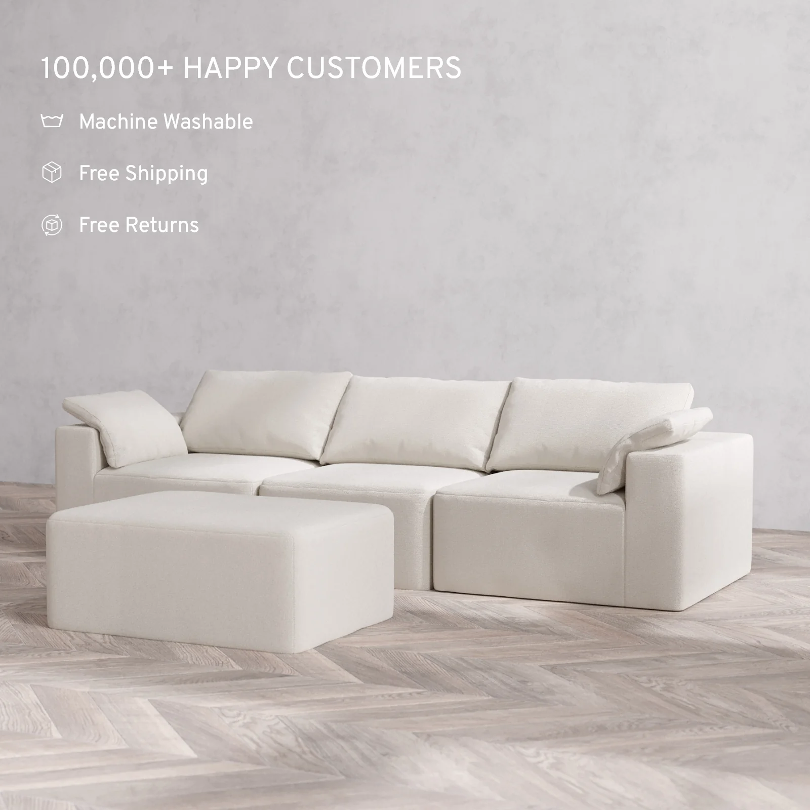 Modular Washable 3-Seater + Chaise Ottoman Cloud Sofa | Lux Weave in Pearl - Image 2