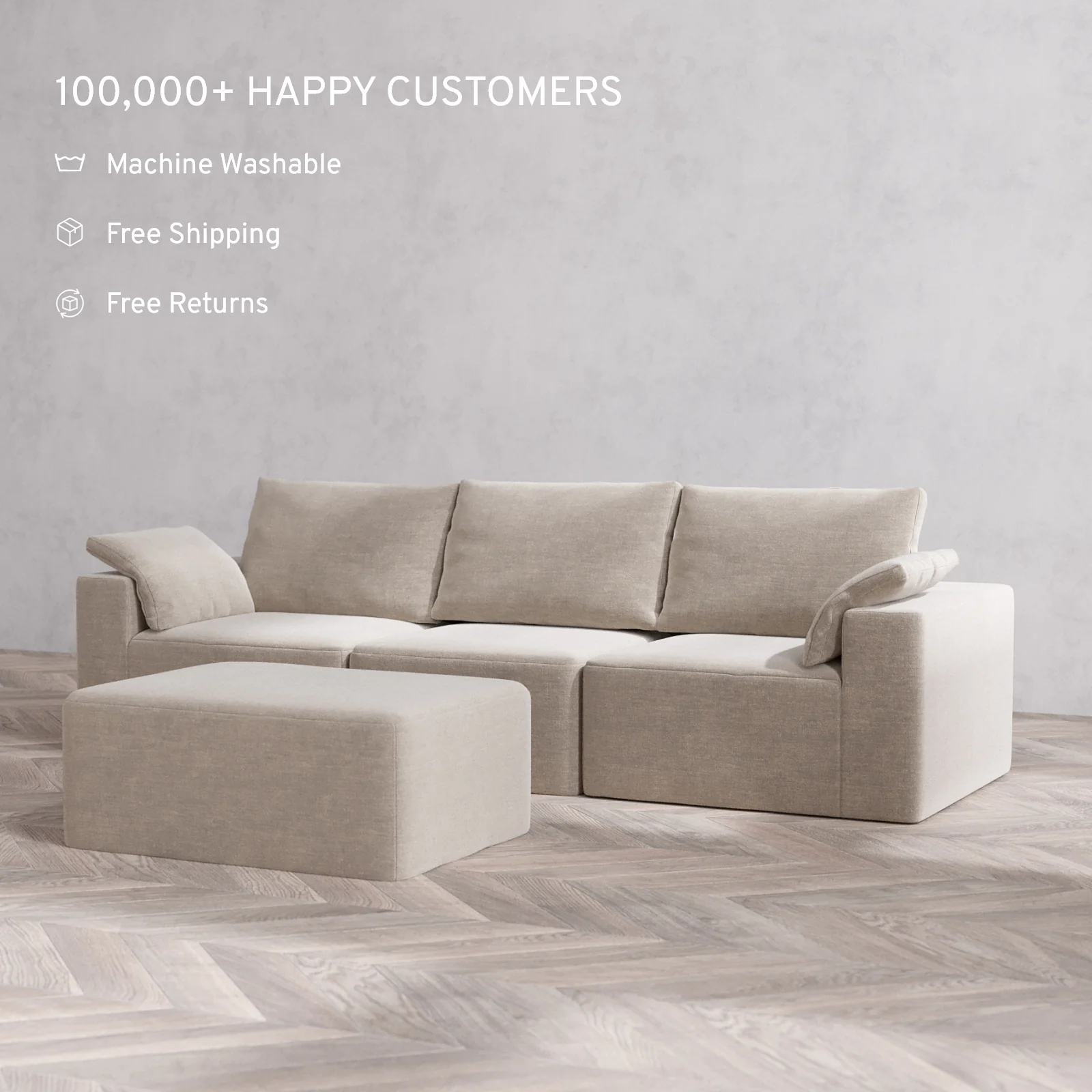 Modular Washable 3-Seater + Chaise Ottoman Cloud + Bolster Sofa | Satin Velvet in Caraway - Image 2