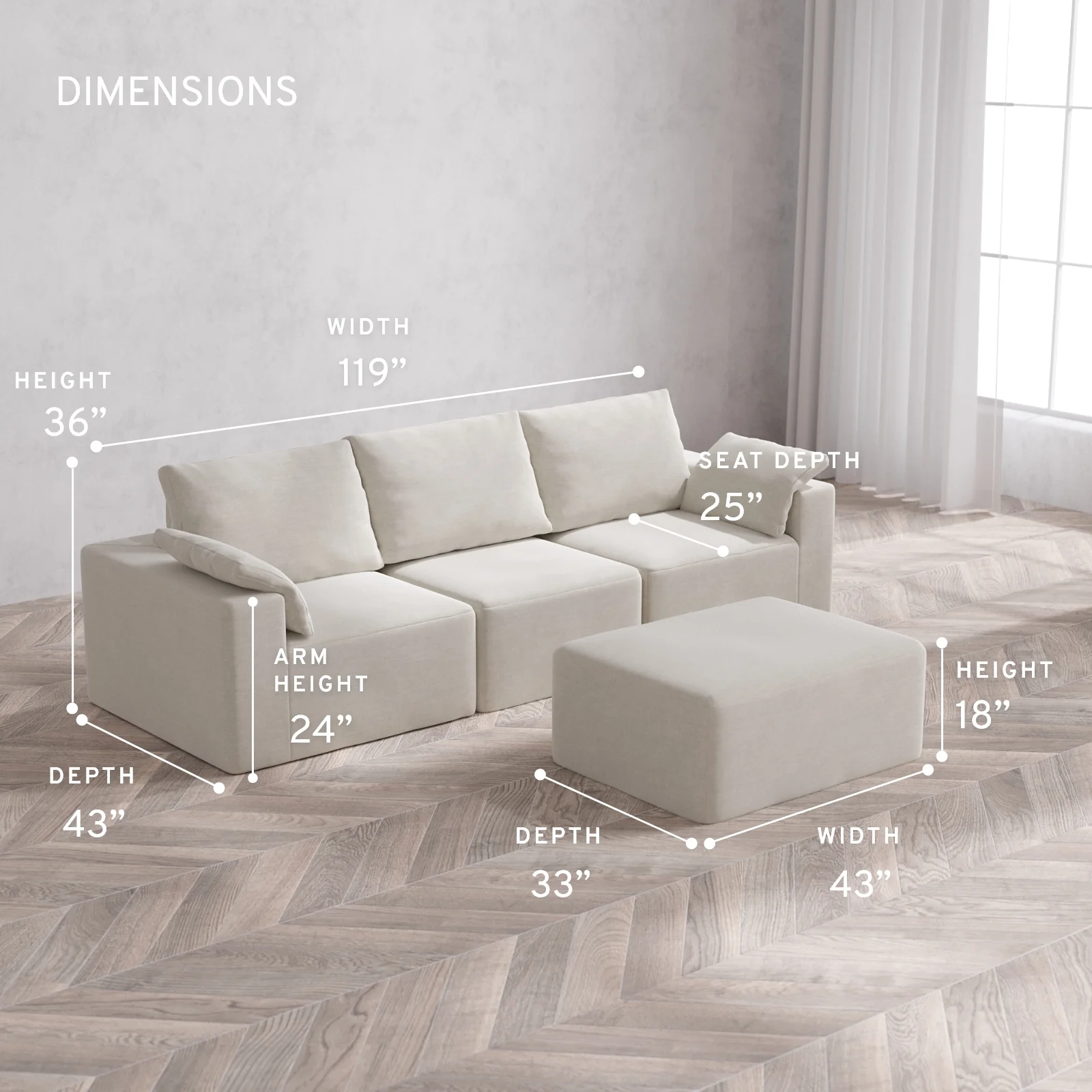 Modular Washable 3-Seater + Chaise Ottoman Cloud + Bolster Sofa | Satin Velvet in Cashew - Image 5