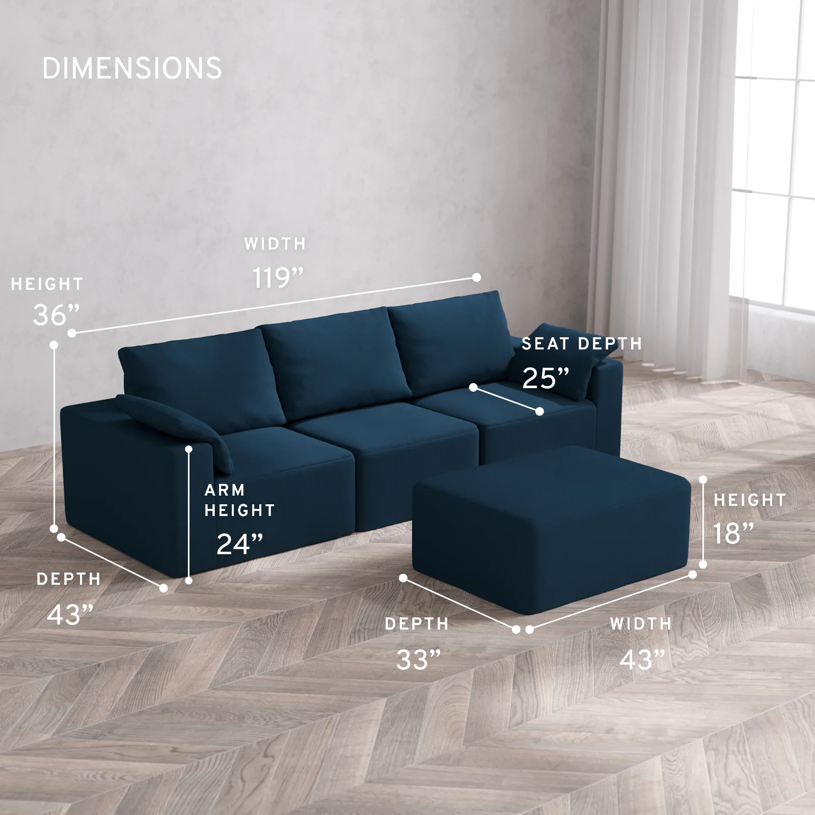 Modular Washable 3-Seater + Chaise Ottoman Cloud + Bolster Sofa | Arden Weave in Lazuli - Image 5