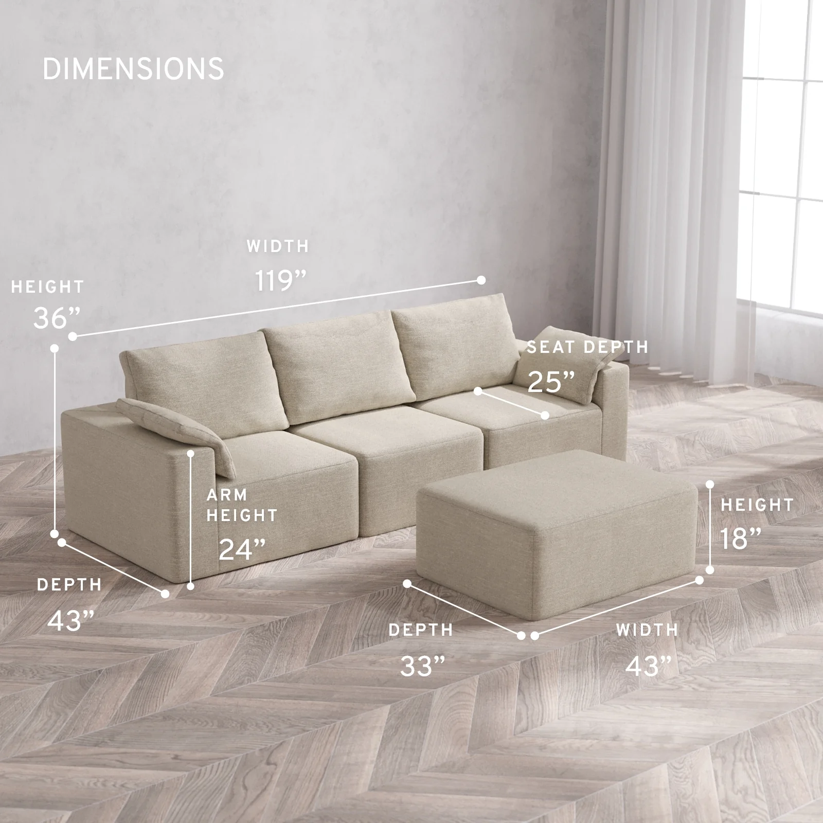 Modular Washable 3-Seater + Chaise Ottoman Cloud + Bolster Sofa | Plush Twill in Sandstone - Image 5