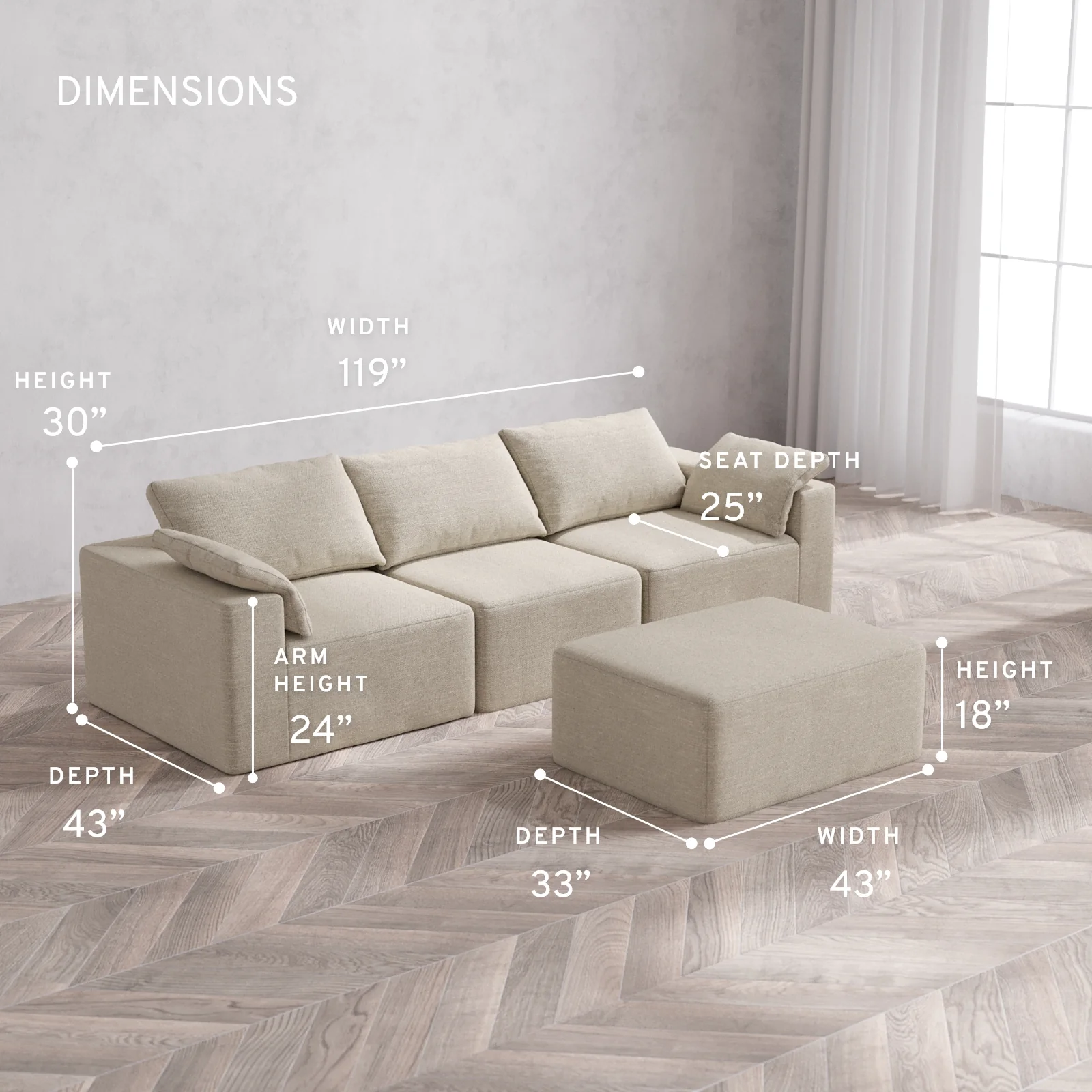 Modular Washable 3-Seater + Chaise Ottoman Cloud Sofa | Plush Twill in Sandstone - Image 5