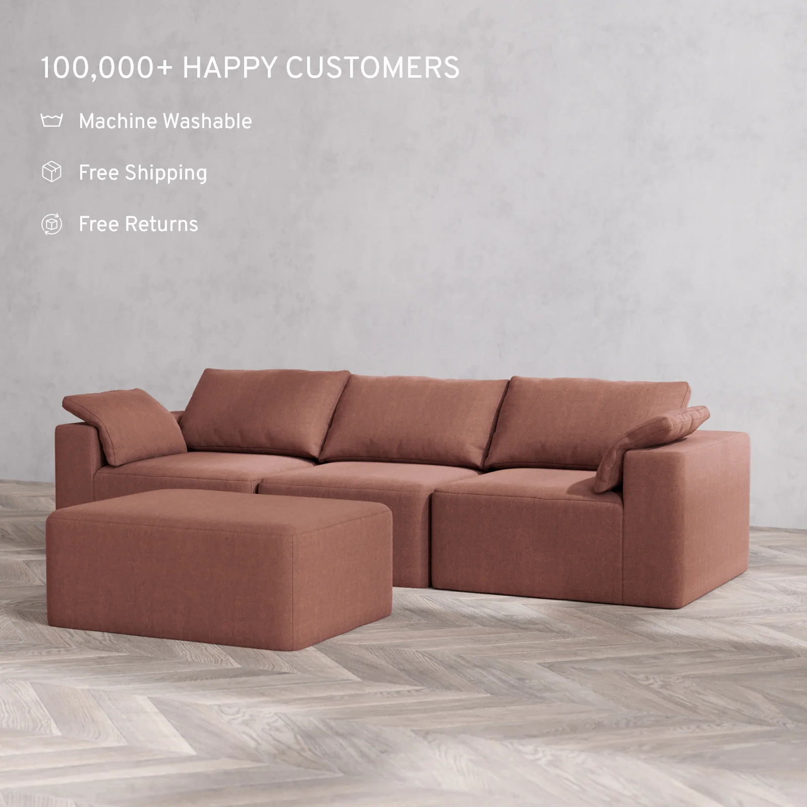 Modular Washable 3-Seater + Chaise Ottoman Cloud Sofa | Heirloom Velvet in Sumac - Image 2