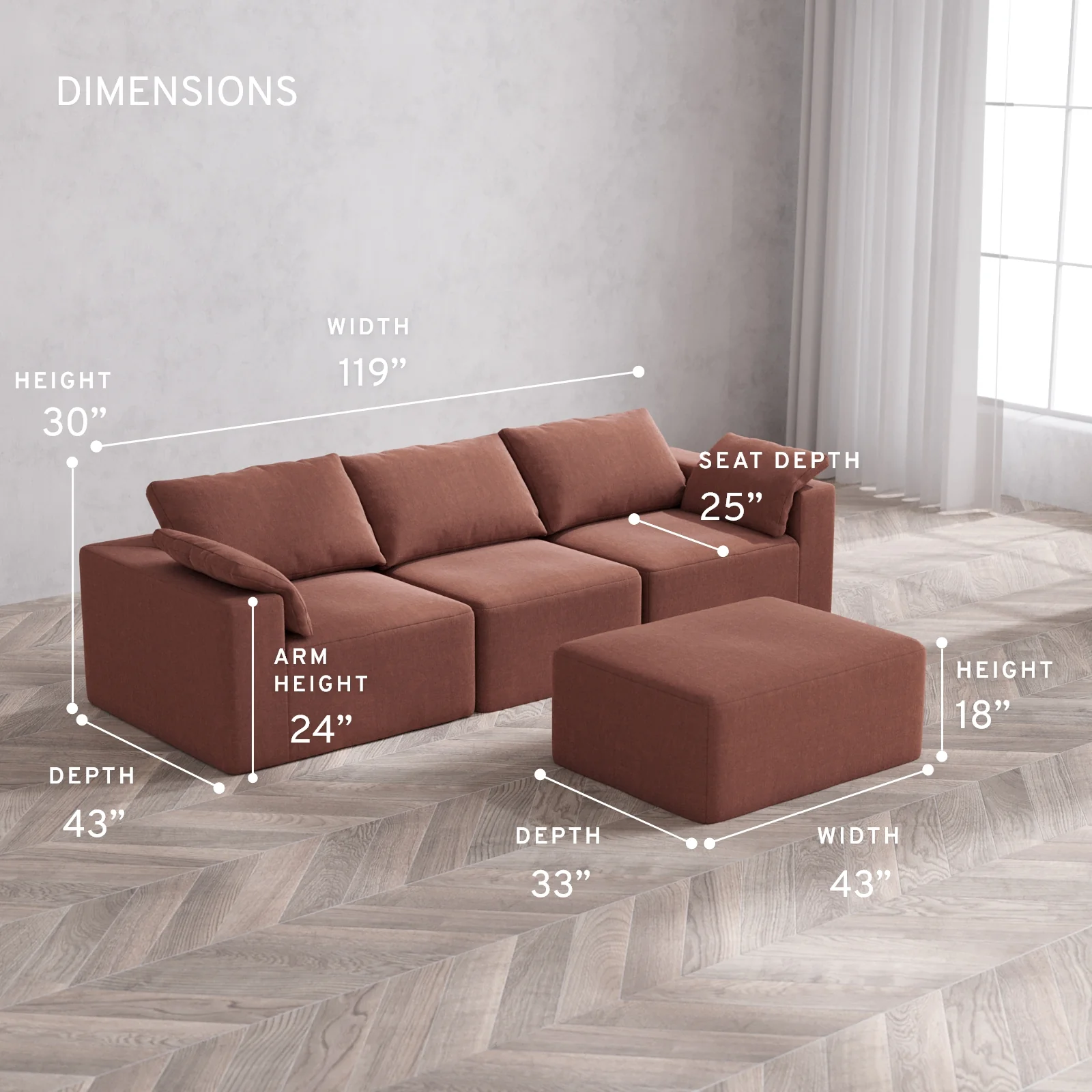 Modular Washable 3-Seater + Chaise Ottoman Cloud Sofa | Heirloom Velvet in Sumac - Image 5