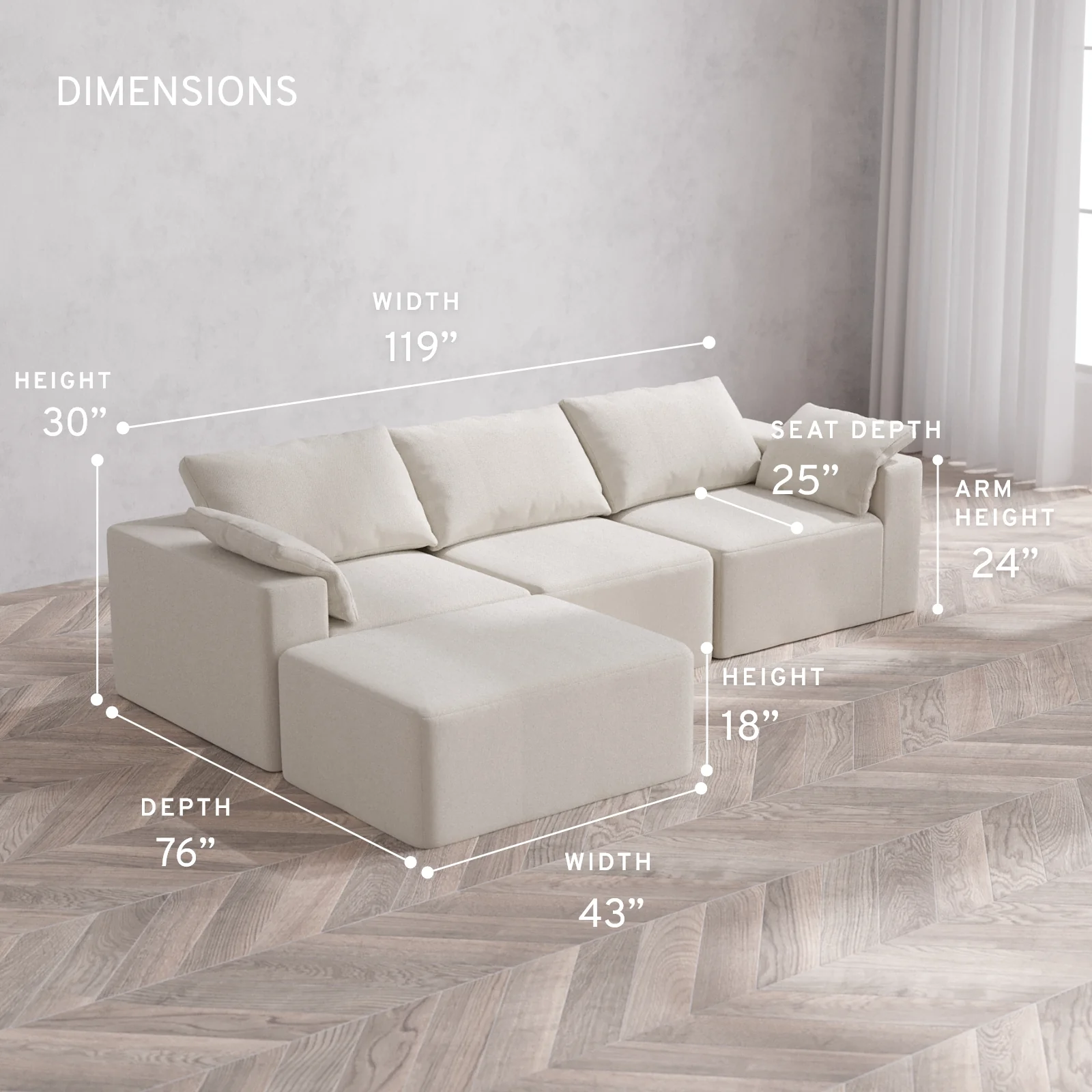 Modular Washable 3-Seater Chaise Sectional Cloud Sofa | Lux Weave in Pearl - Image 5