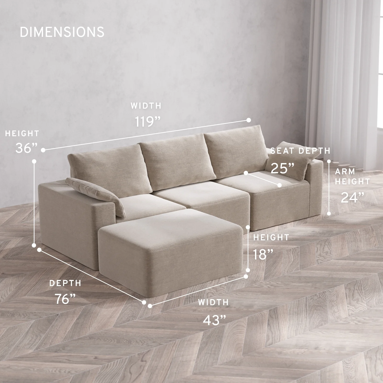 Modular Washable 3-Seater Chaise Sectional Cloud + Bolster Sofa | Satin Velvet in Caraway - Image 5