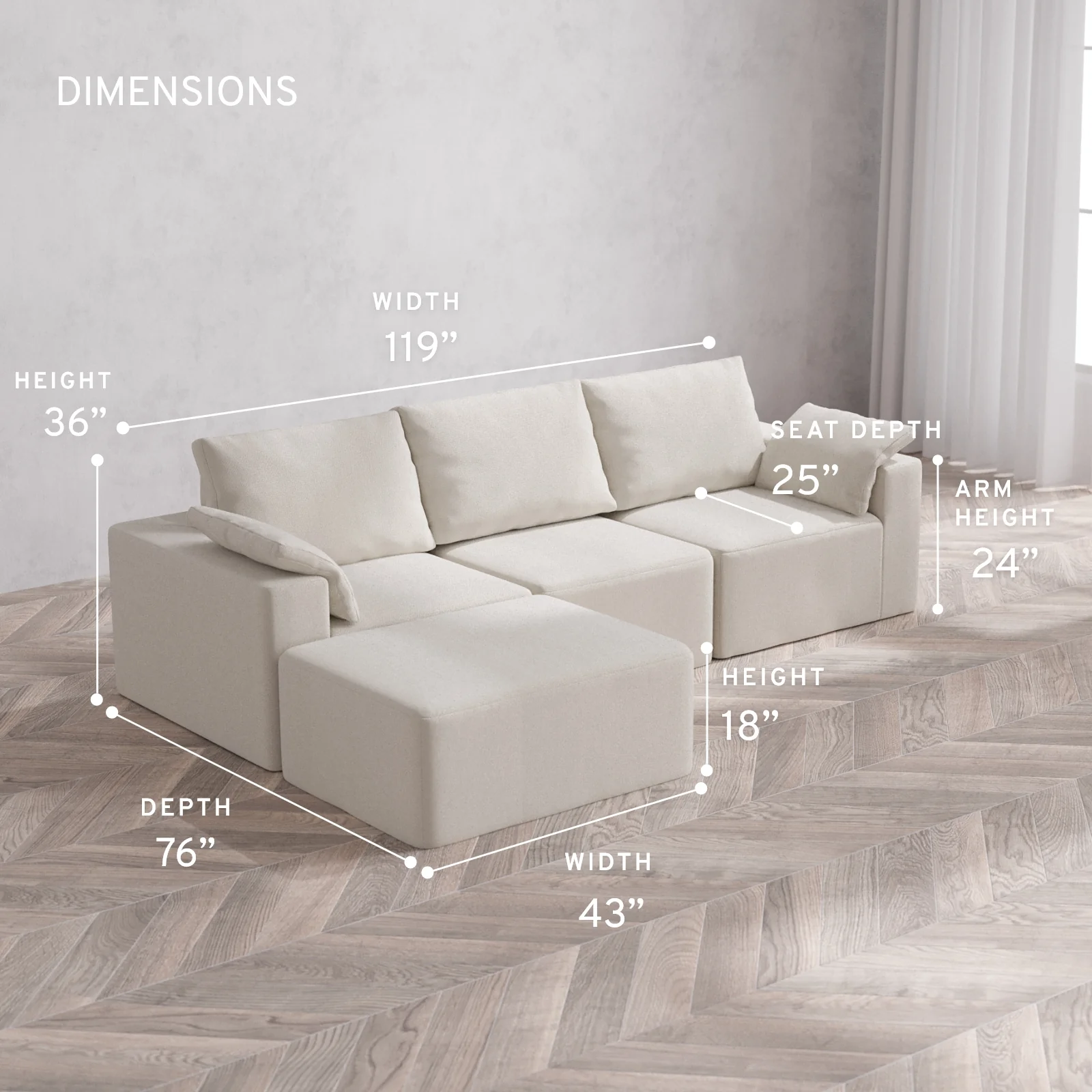 Modular Washable 3-Seater Chaise Sectional Cloud + Bolster Sofa | Lux Weave in Pearl - Image 5