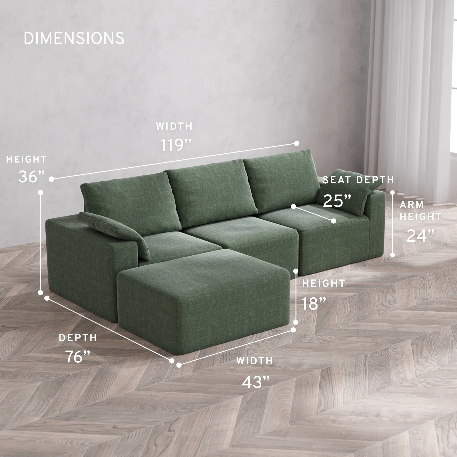 Modular Washable 3-Seater Chaise Sectional Cloud + Bolster Sofa | Heirloom Velvet in Sage - Image 5