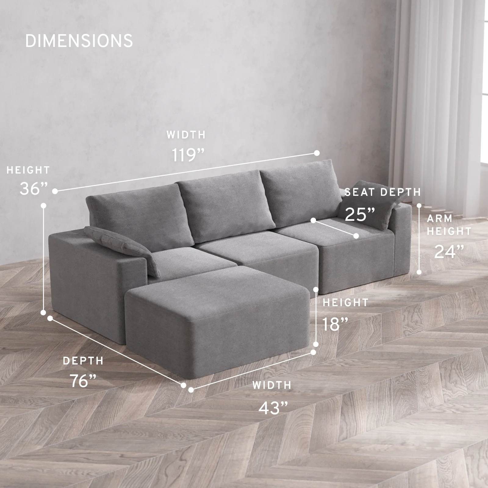 Modular Washable 3-Seater Chaise Sectional Cloud + Bolster Sofa | Lux Weave in Slate - Image 5