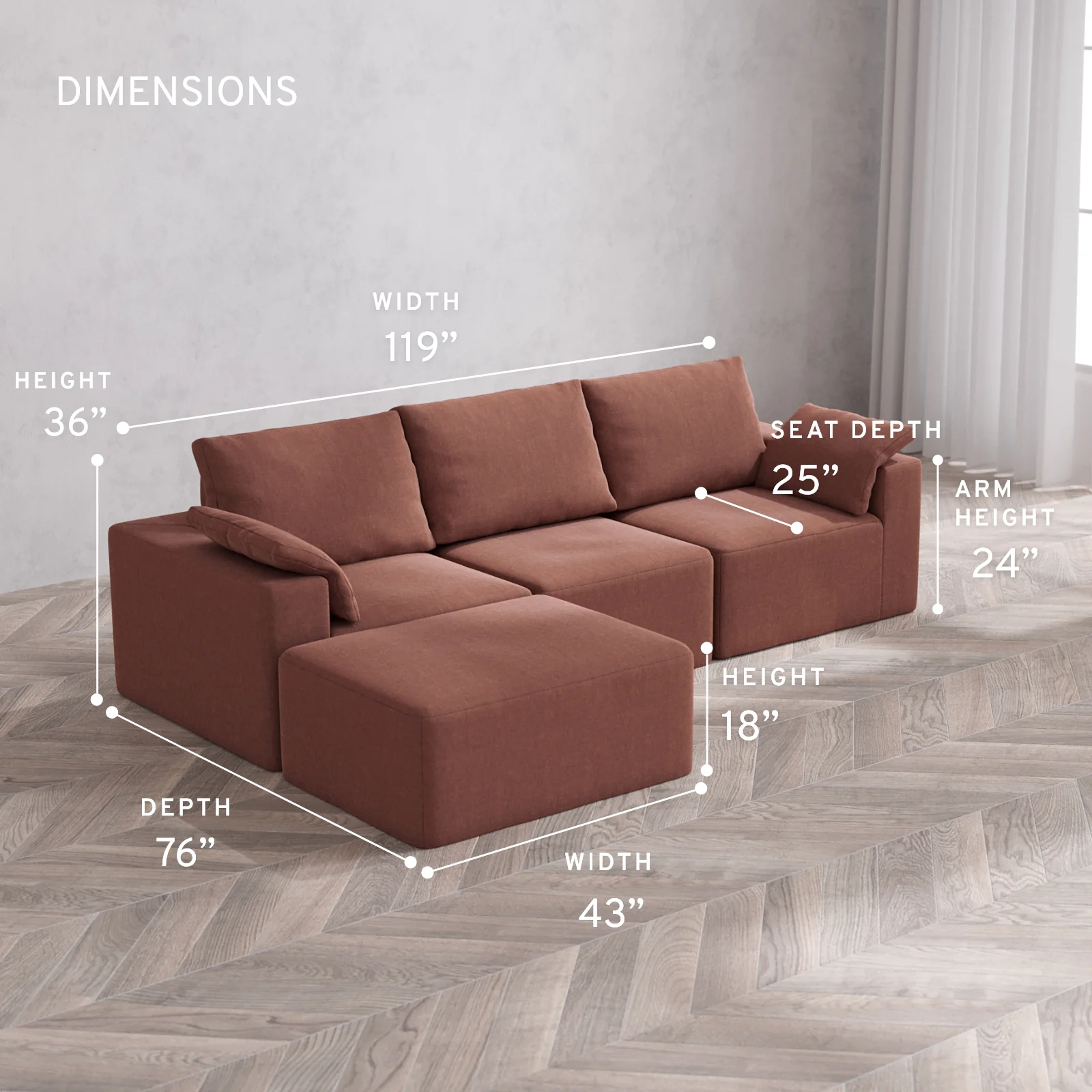 Modular Washable 3-Seater Chaise Sectional Cloud + Bolster Sofa | Heirloom Velvet in Sumac - Image 5