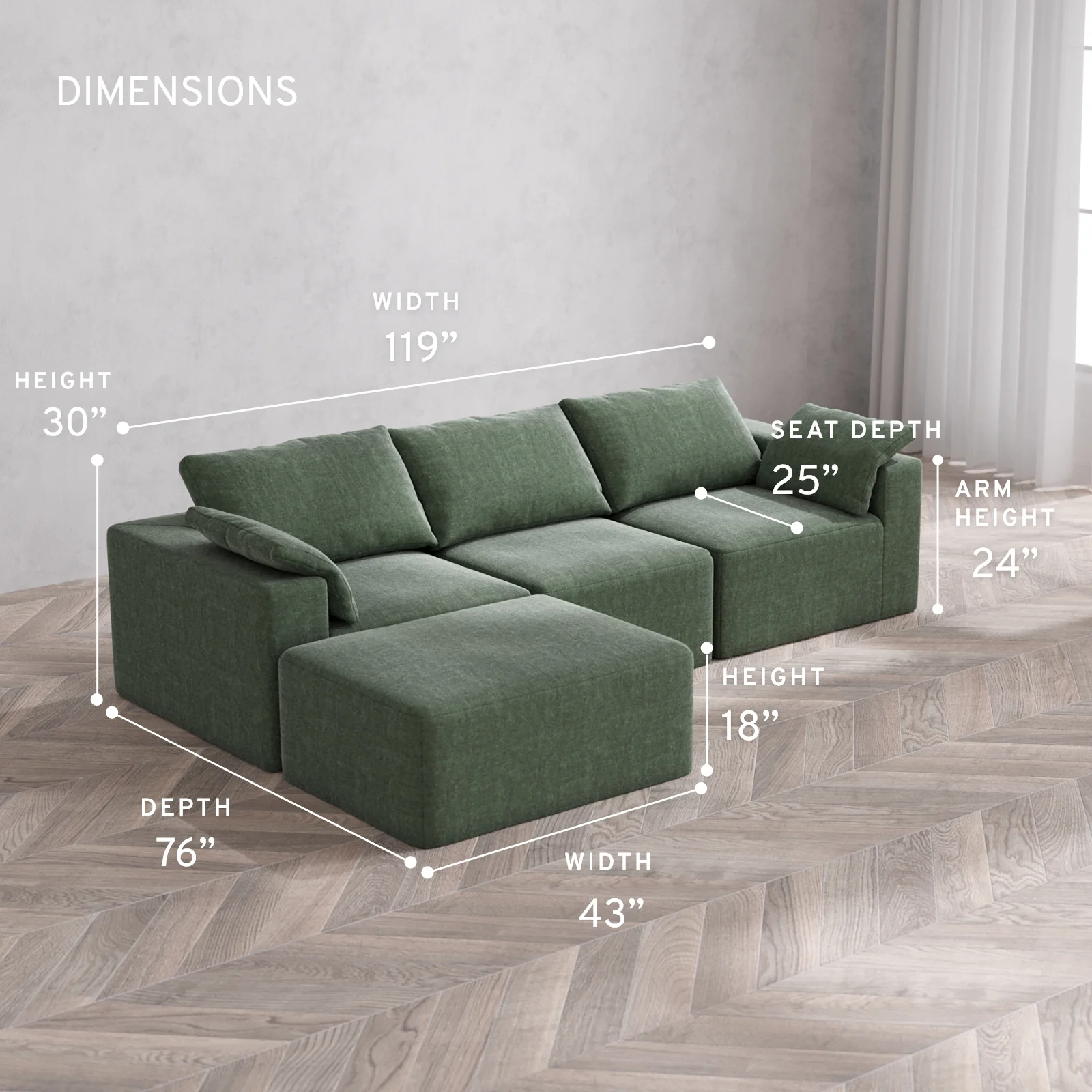 Modular Washable 3-Seater Chaise Sectional Cloud Sofa | Heirloom Velvet in Sage - Image 5