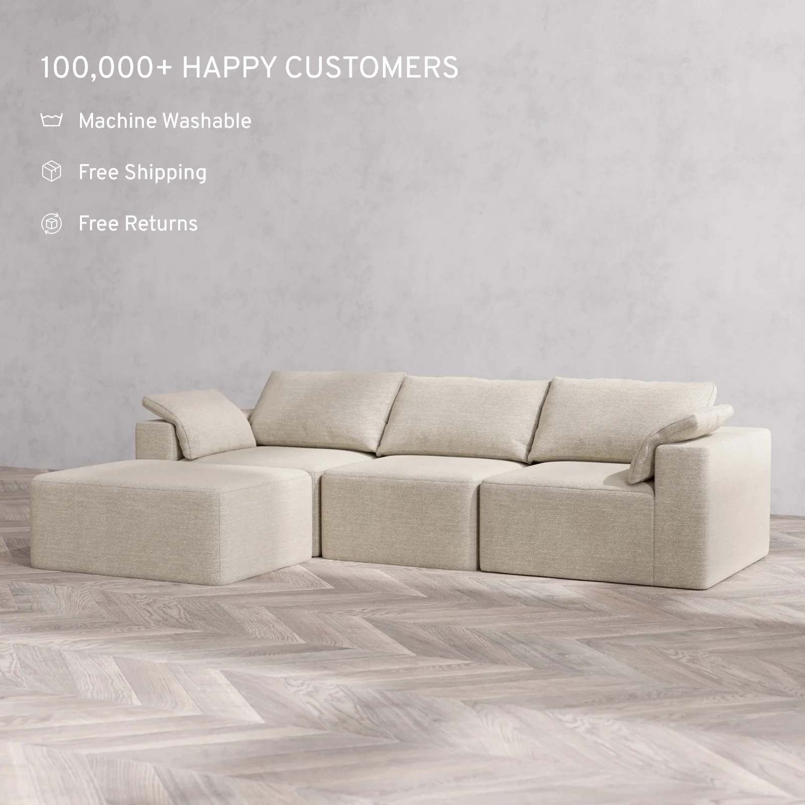 Modular Washable 3-Seater Chaise Sectional Cloud Sofa | Plush Twill in Sandstone - Image 2