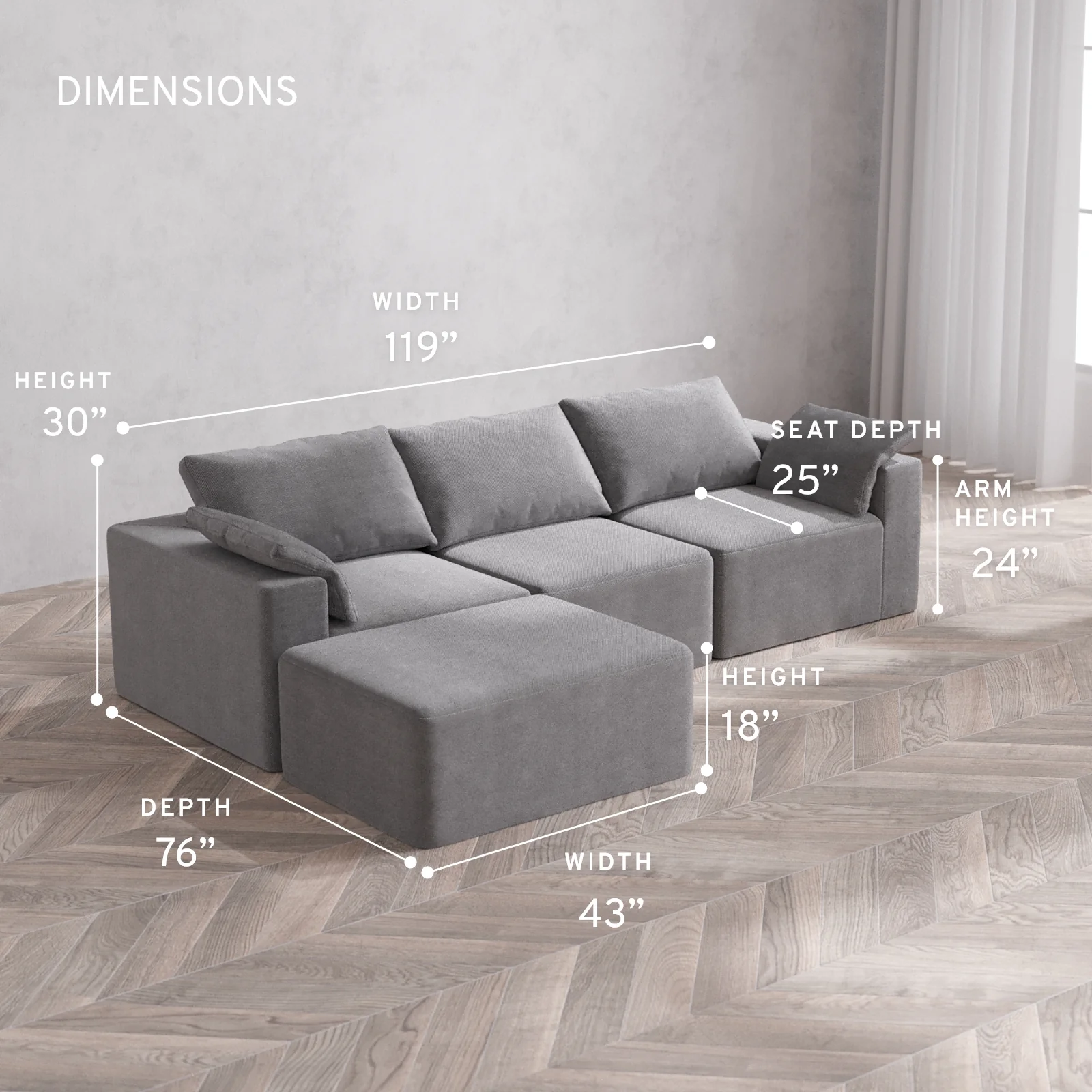 Modular Washable 3-Seater Chaise Sectional Cloud Sofa | Lux Weave in Slate - Image 5