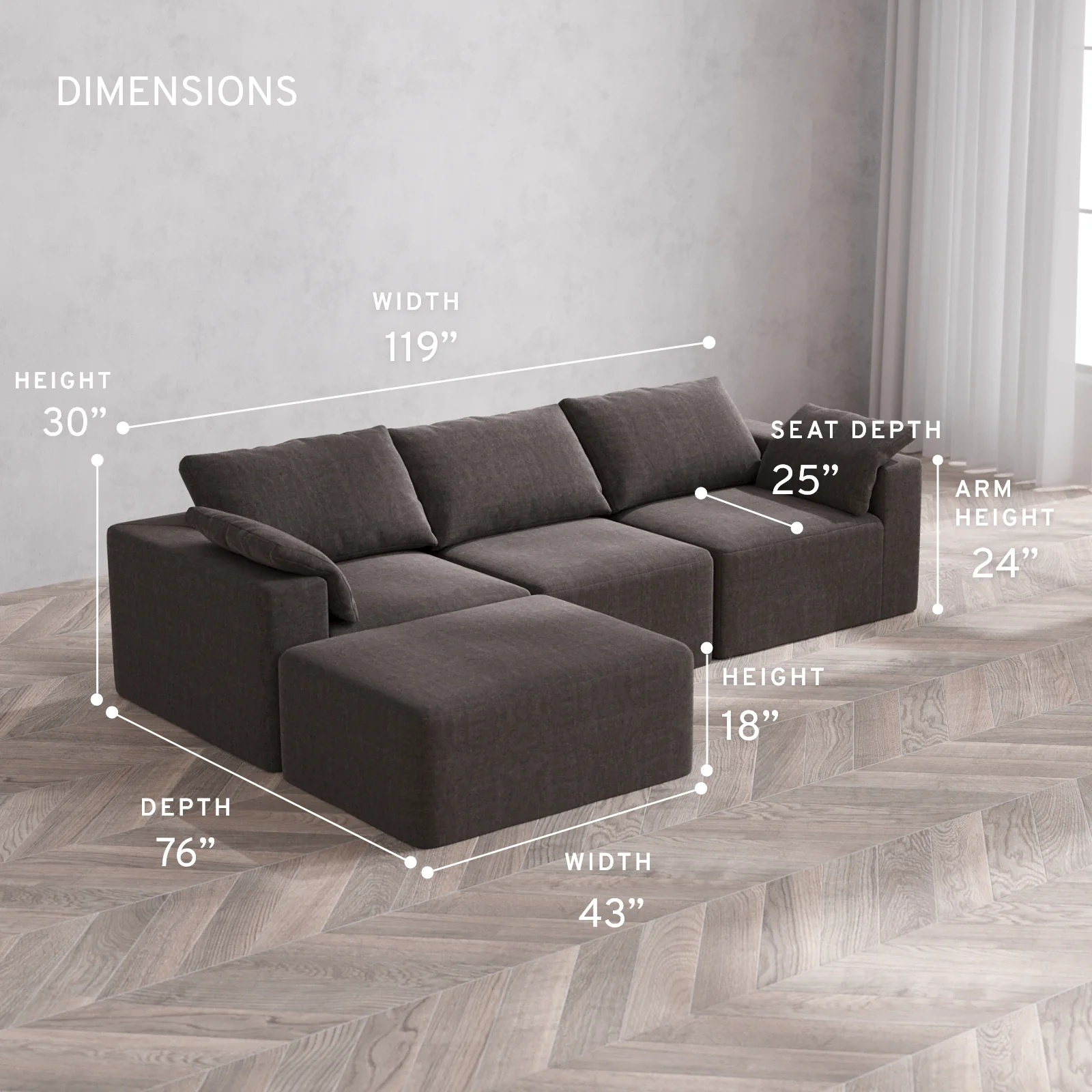 Modular Washable 3-Seater Chaise Sectional Cloud Sofa | Heirloom Velvet in Truffle - Image 5