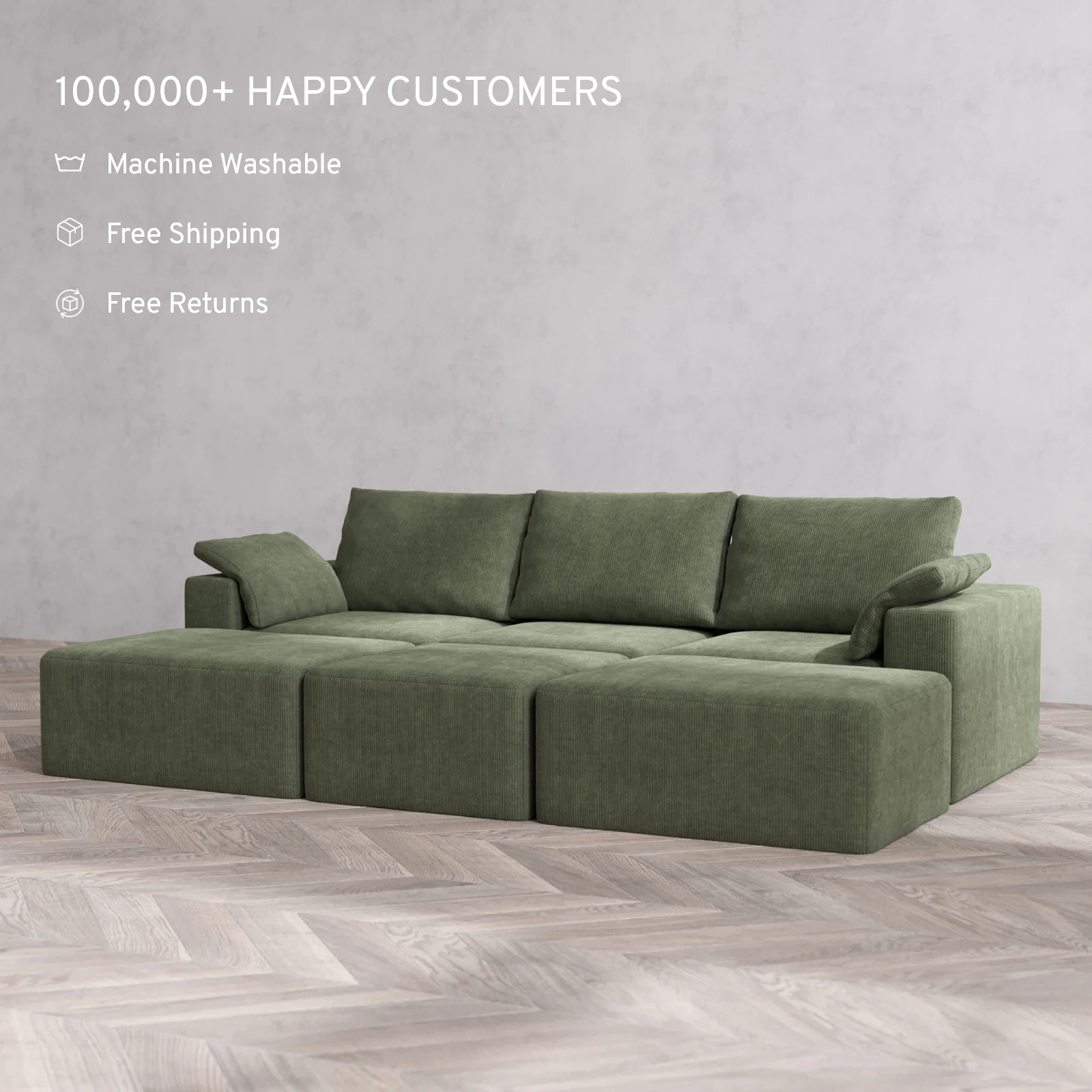 Modular Washable 3-Seater Daybed Cloud + Bolster Sofa Sectional | Luxe Corduroy in Juniper - Image 2