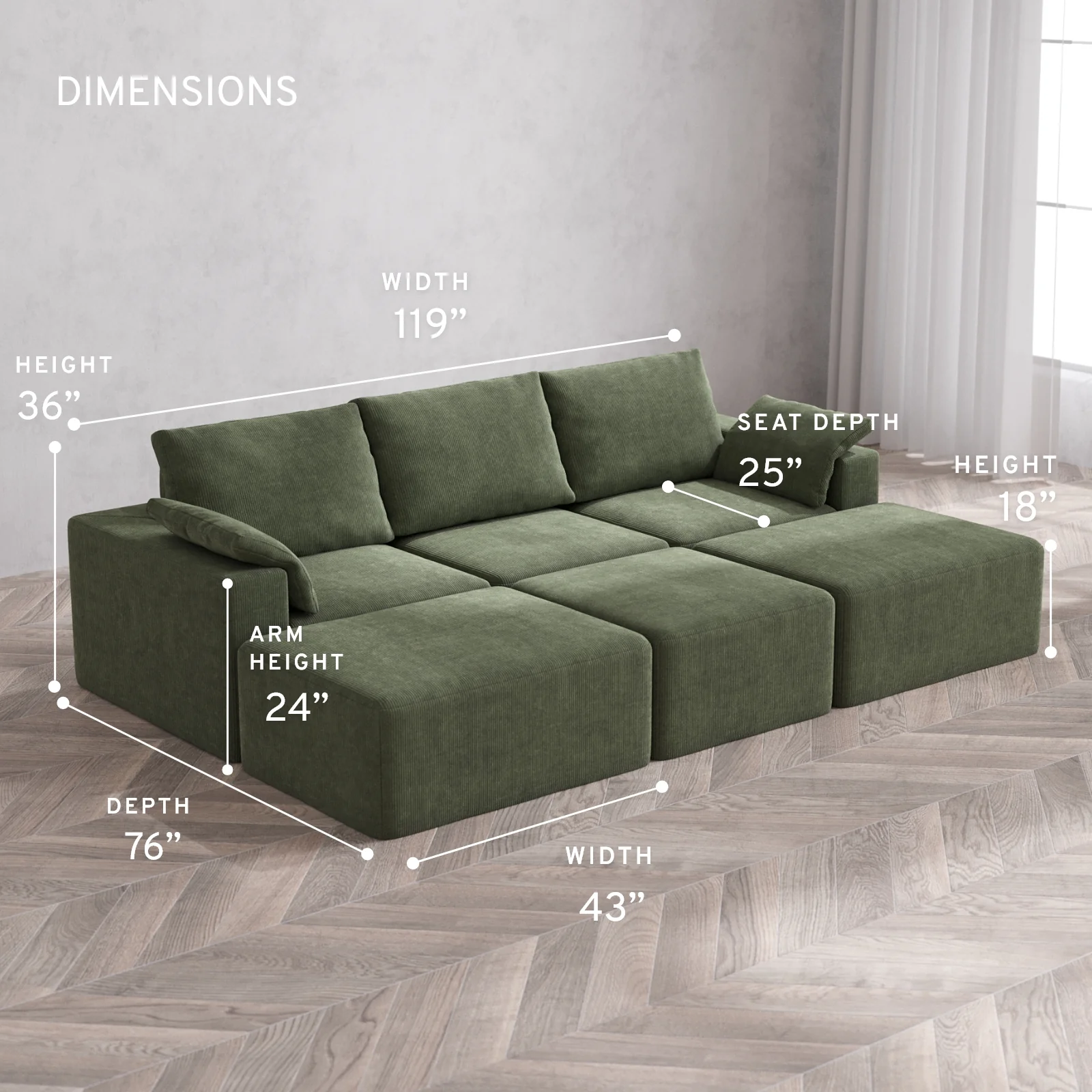 Modular Washable 3-Seater Daybed Cloud + Bolster Sofa Sectional | Luxe Corduroy in Juniper - Image 5