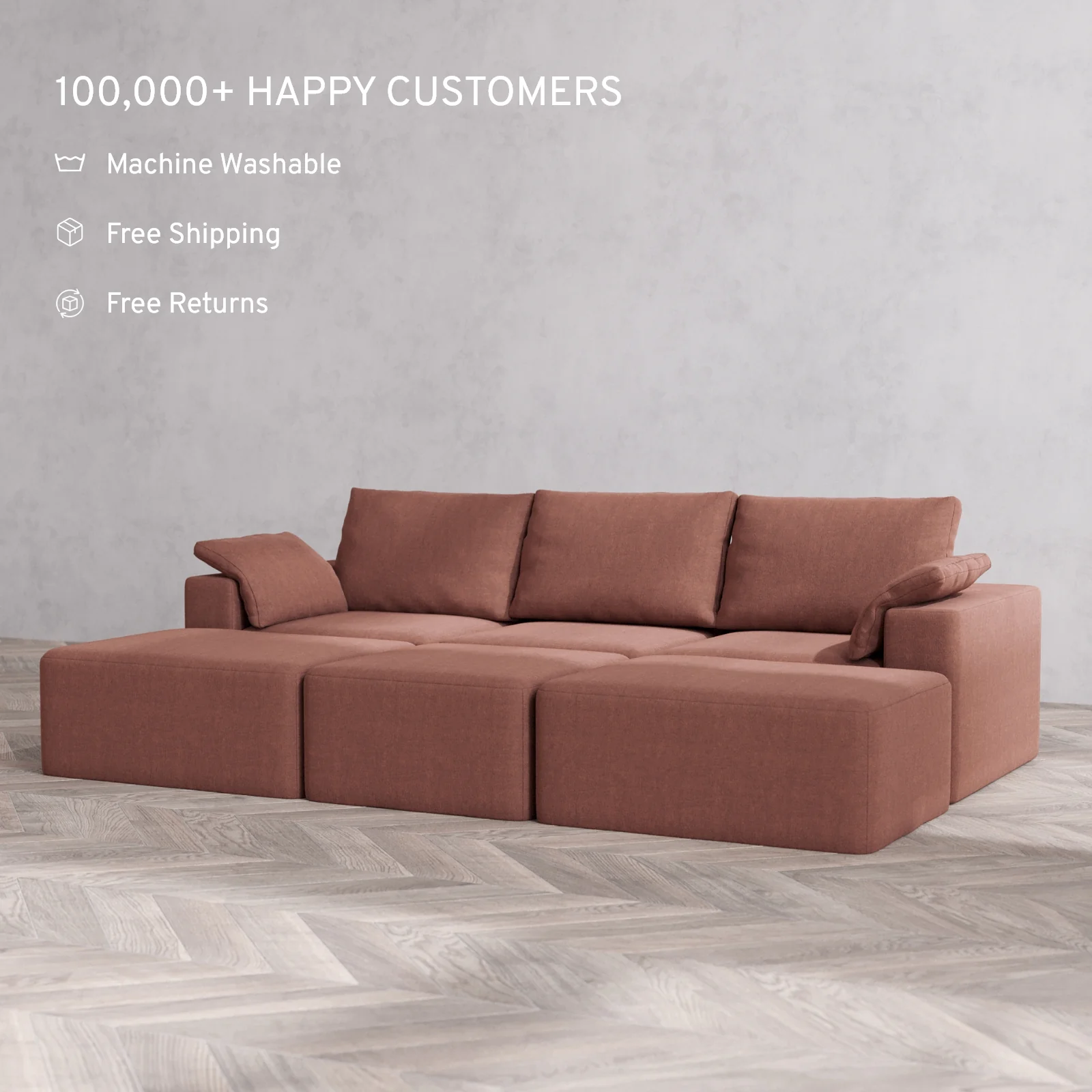 Modular Washable 3-Seater Daybed Cloud + Bolster Sofa Sectional | Heirloom Velvet in Sumac - Image 2