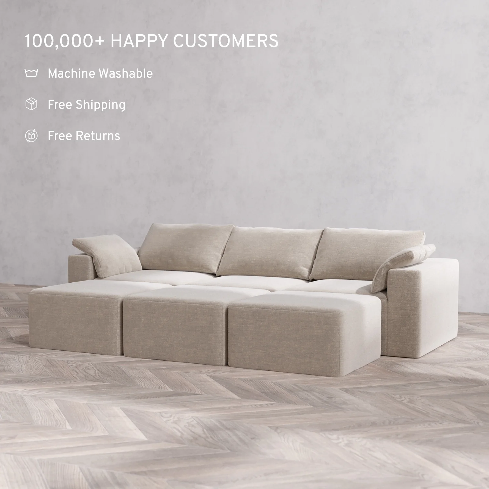 Modular Washable 3-Seater Lounge Cloud Sofa Sectional | Satin Velvet in Caraway - Image 2