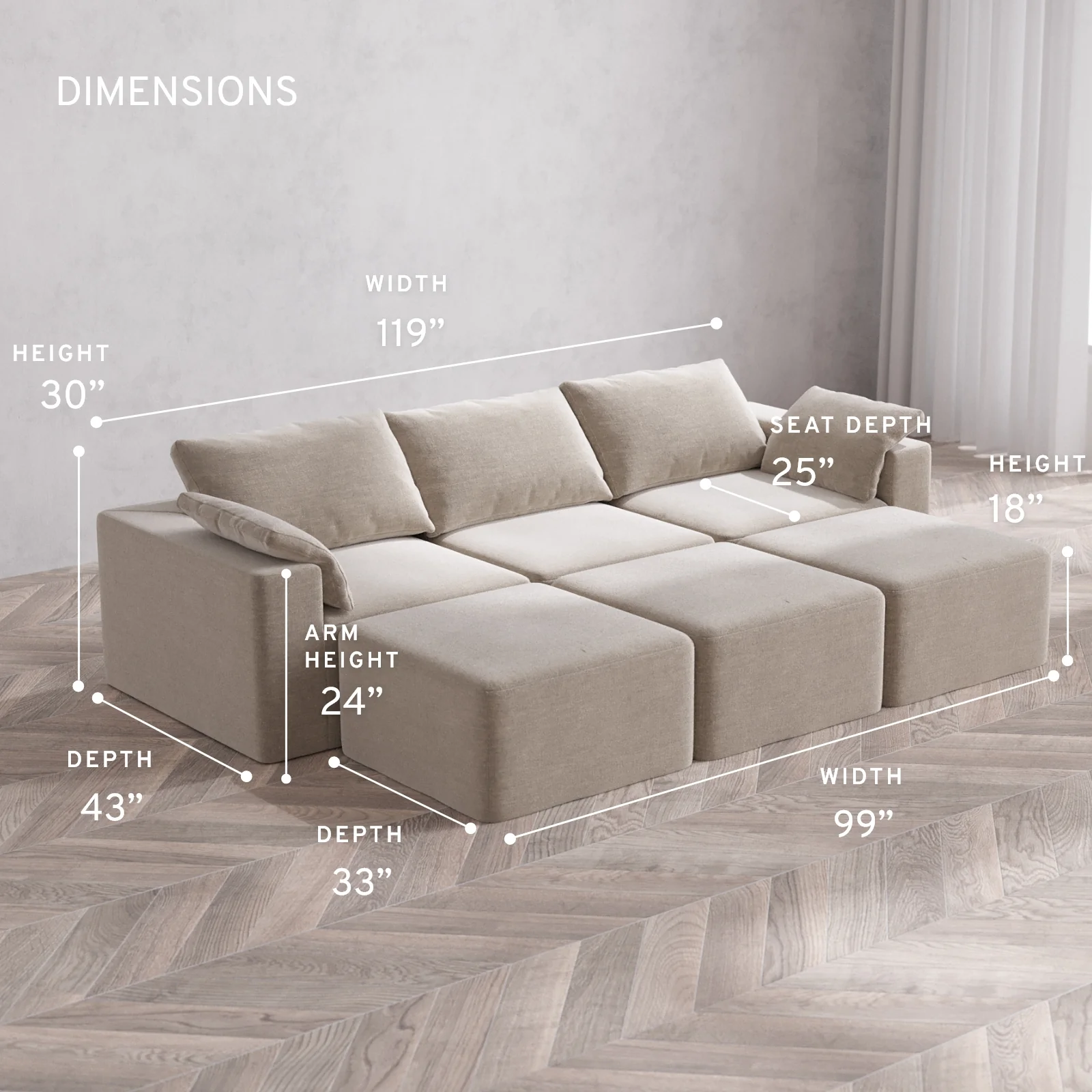 Modular Washable 3-Seater Lounge Cloud Sofa Sectional | Satin Velvet in Caraway - Image 5