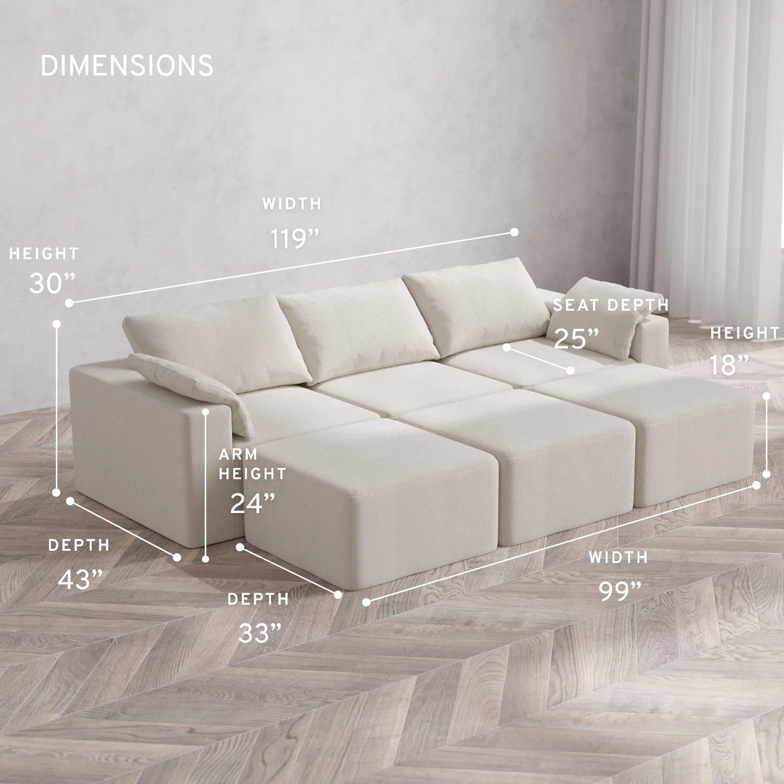 Modular Washable 3-Seater Lounge Cloud Sofa Sectional | Lux Weave in Pearl - Image 5