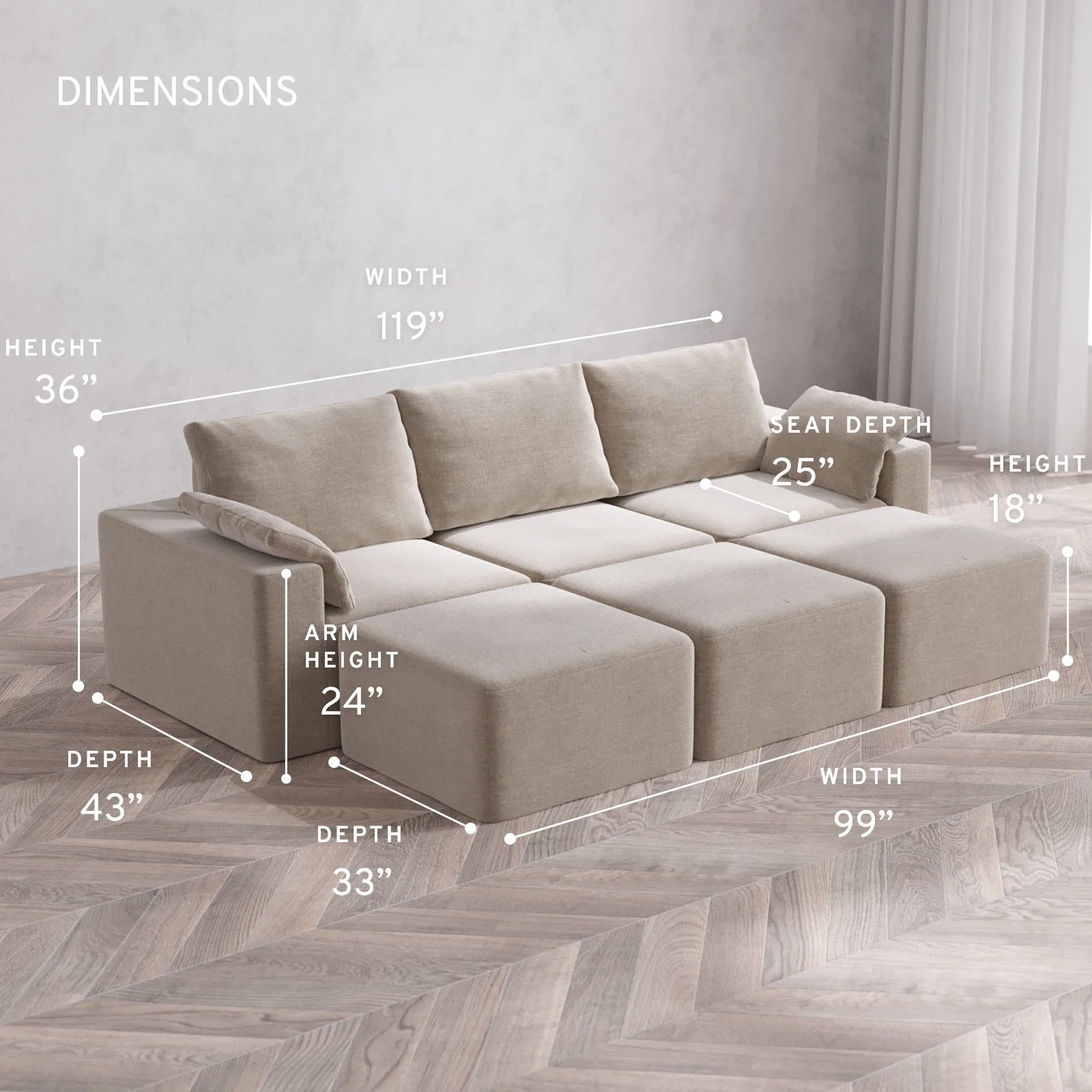 Modular Washable 3-Seater Lounge Cloud + Bolster Sofa Sectional | Satin Velvet in Caraway - Image 5
