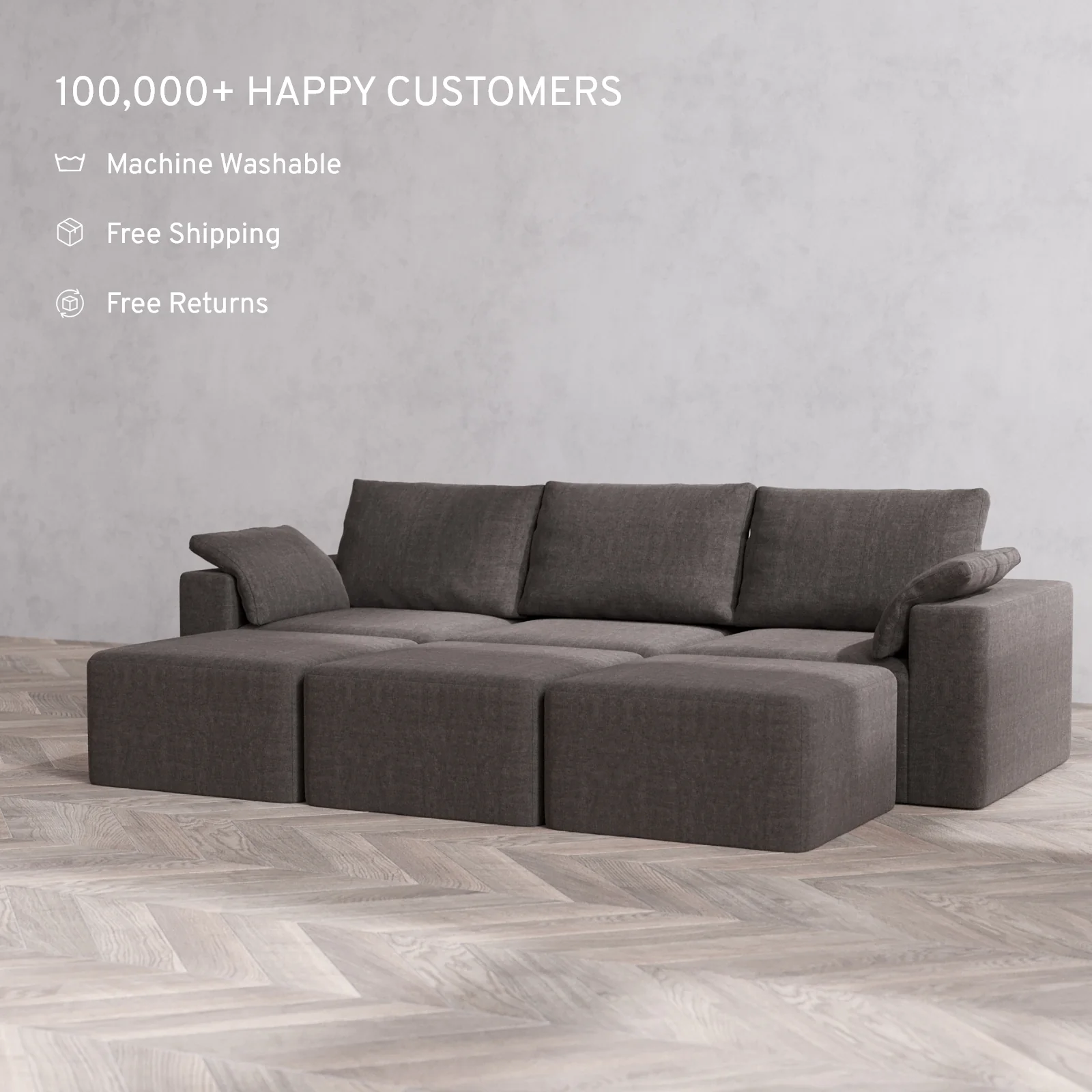 Modular Washable 3-Seater Lounge Cloud + Bolster Sofa Sectional | Heirloom Velvet in Truffle - Image 2