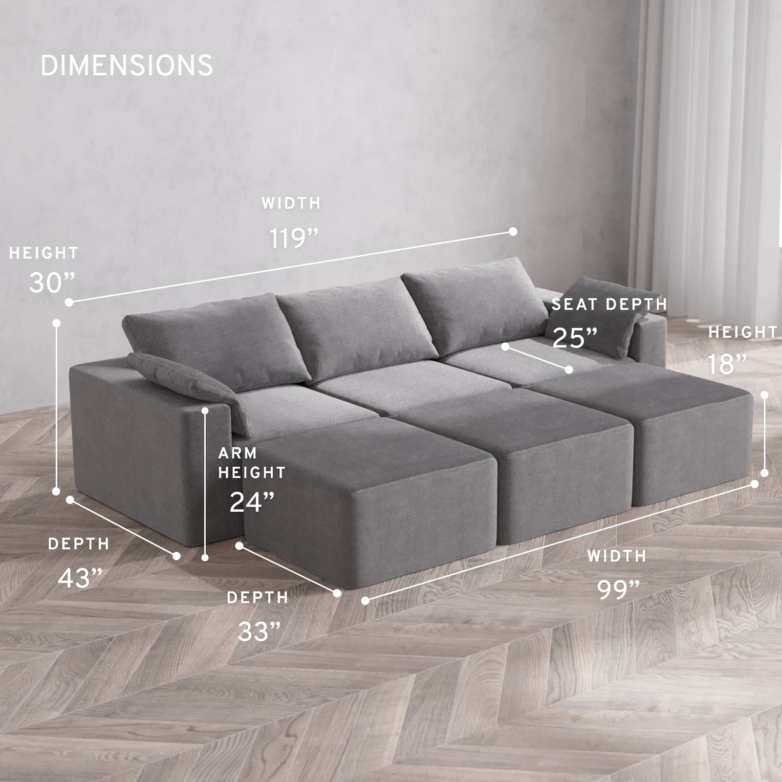 Modular Washable 3-Seater Lounge Cloud Sofa Sectional | Lux Weave in Slate - Image 5