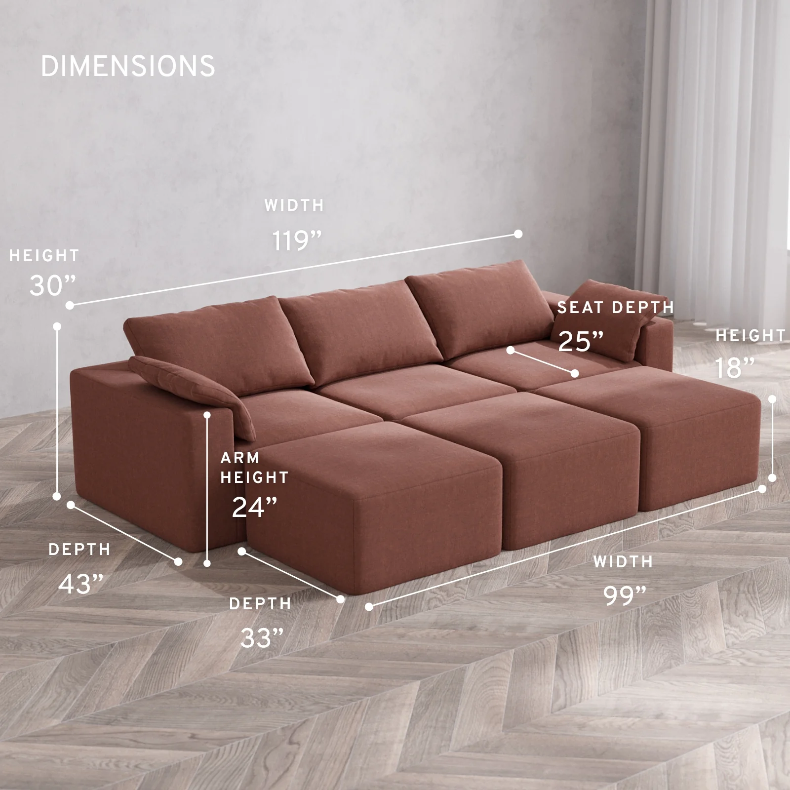 Modular Washable 3-Seater Lounge Cloud Sofa Sectional | Heirloom Velvet in Sumac - Image 5