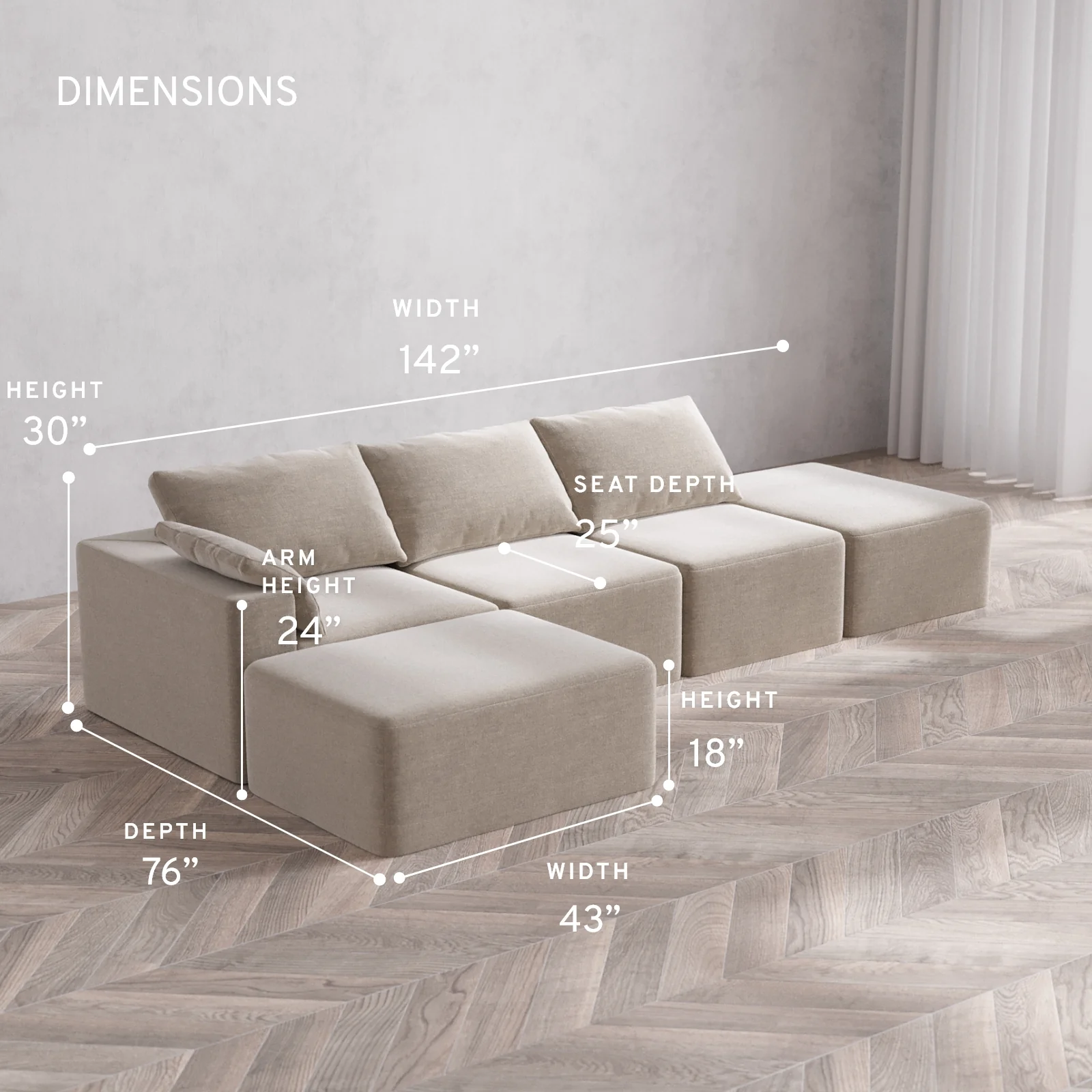 Modular Washable 3-Seater Open End Chaise Sectional Cloud Sofa | Left-Facing Arm | Satin Velvet in Caraway - Image 5