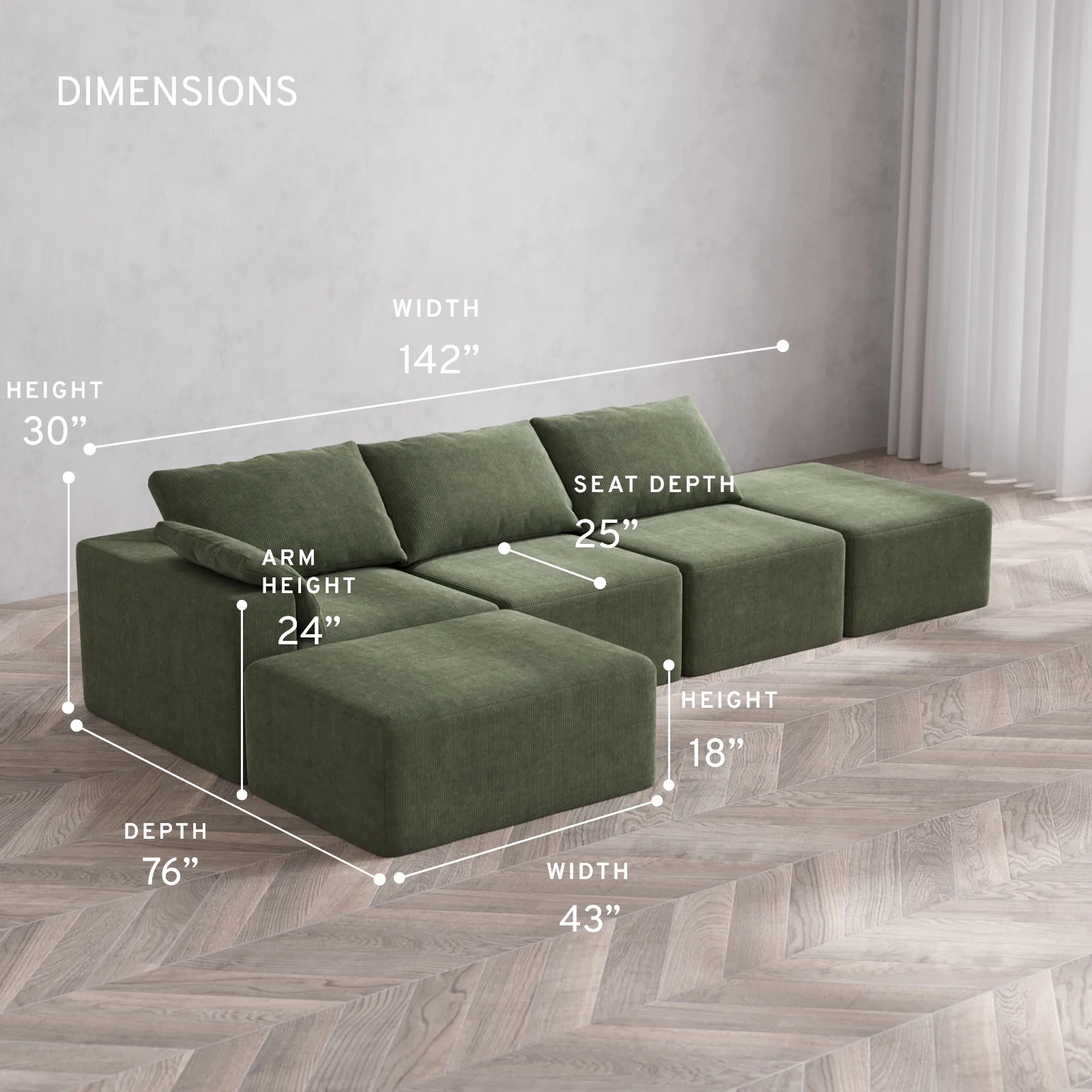 Modular Washable 3-Seater Open End Chaise Sectional Cloud Sofa | Left-Facing Arm | Luxe Corduroy in Juniper - Image 5