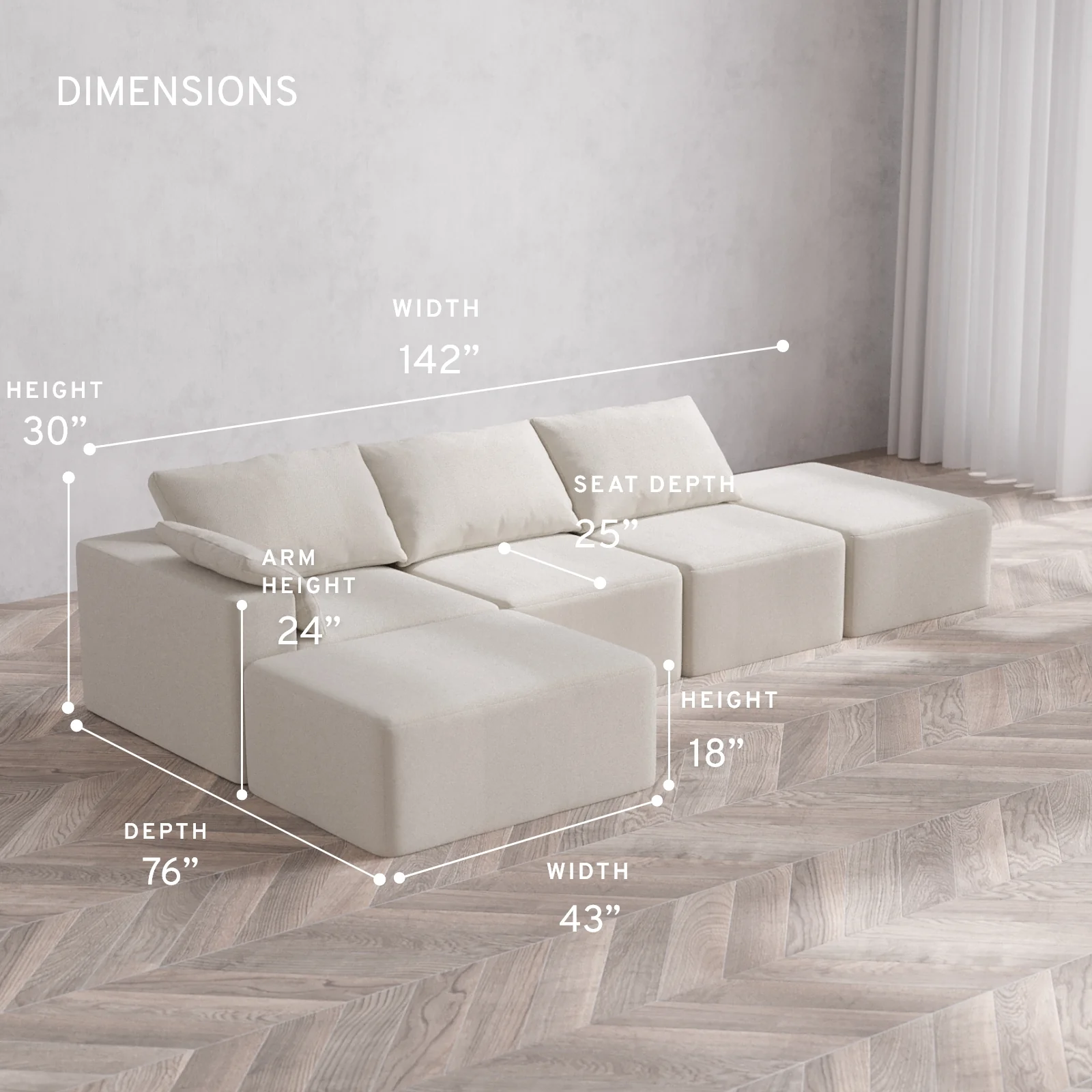Modular Washable 3-Seater Open End Chaise Sectional Cloud Sofa | Left-Facing Arm | Lux Weave in Pearl - Image 5