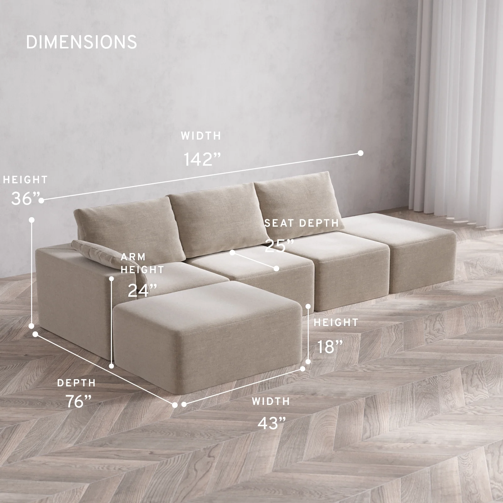 Modular Washable 3-Seater Open End Chaise Sectional Cloud + Bolster Sofa | Left-Facing Arm | Satin Velvet in Caraway - Image 5