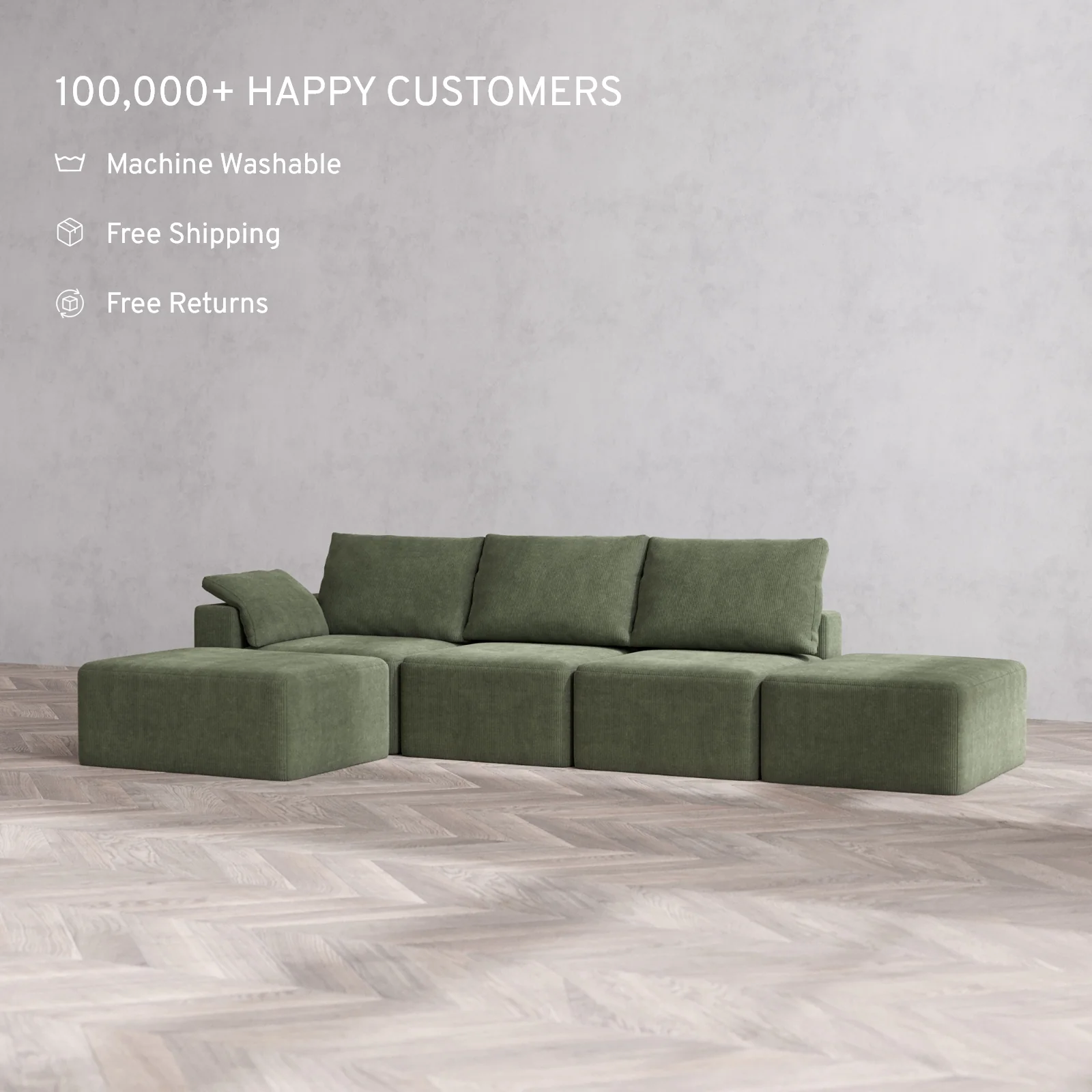 Modular Washable 3-Seater Open End Chaise Sectional Cloud + Bolster Sofa | Left-Facing Arm | Luxe Corduroy in Juniper - Image 2