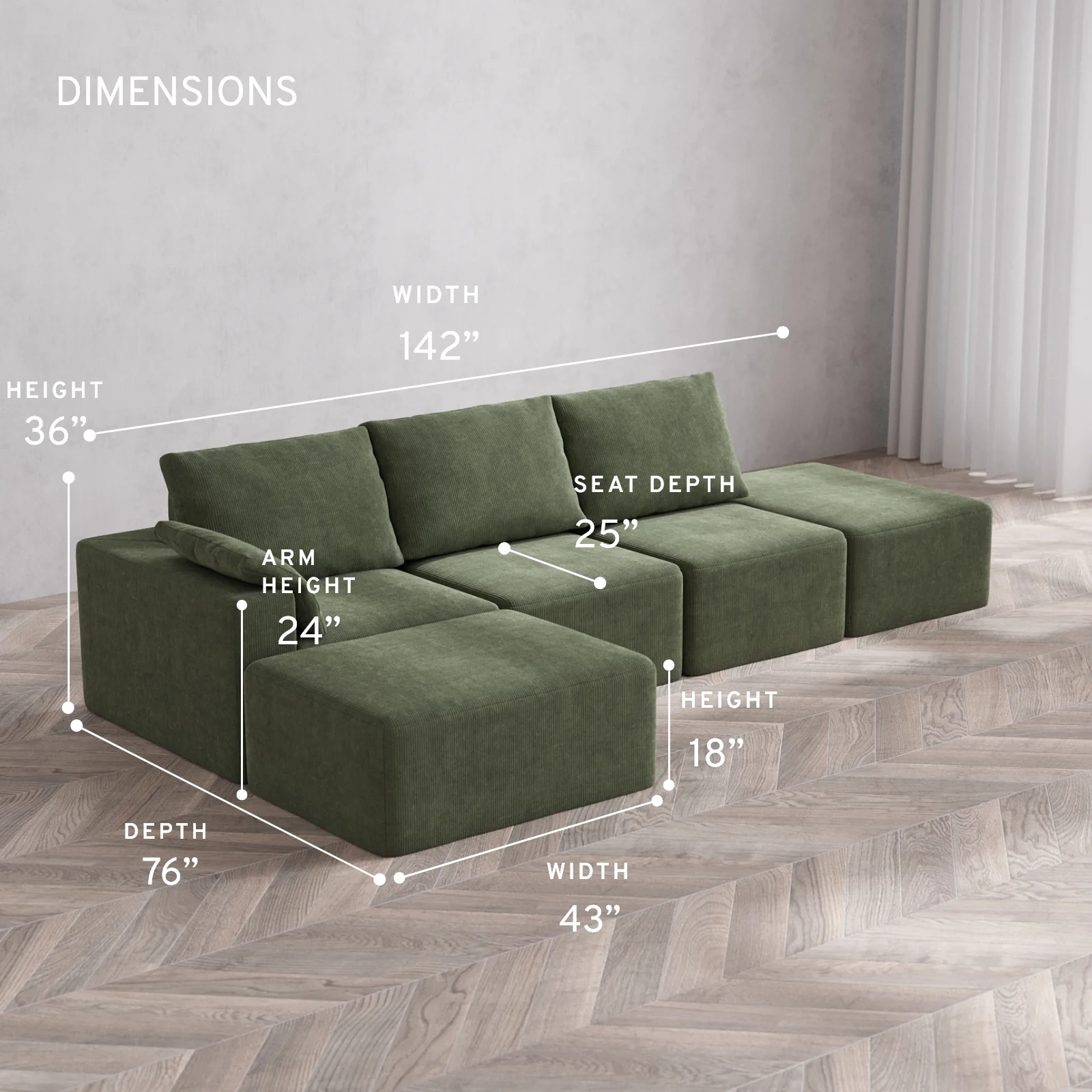 Modular Washable 3-Seater Open End Chaise Sectional Cloud + Bolster Sofa | Left-Facing Arm | Luxe Corduroy in Juniper - Image 5