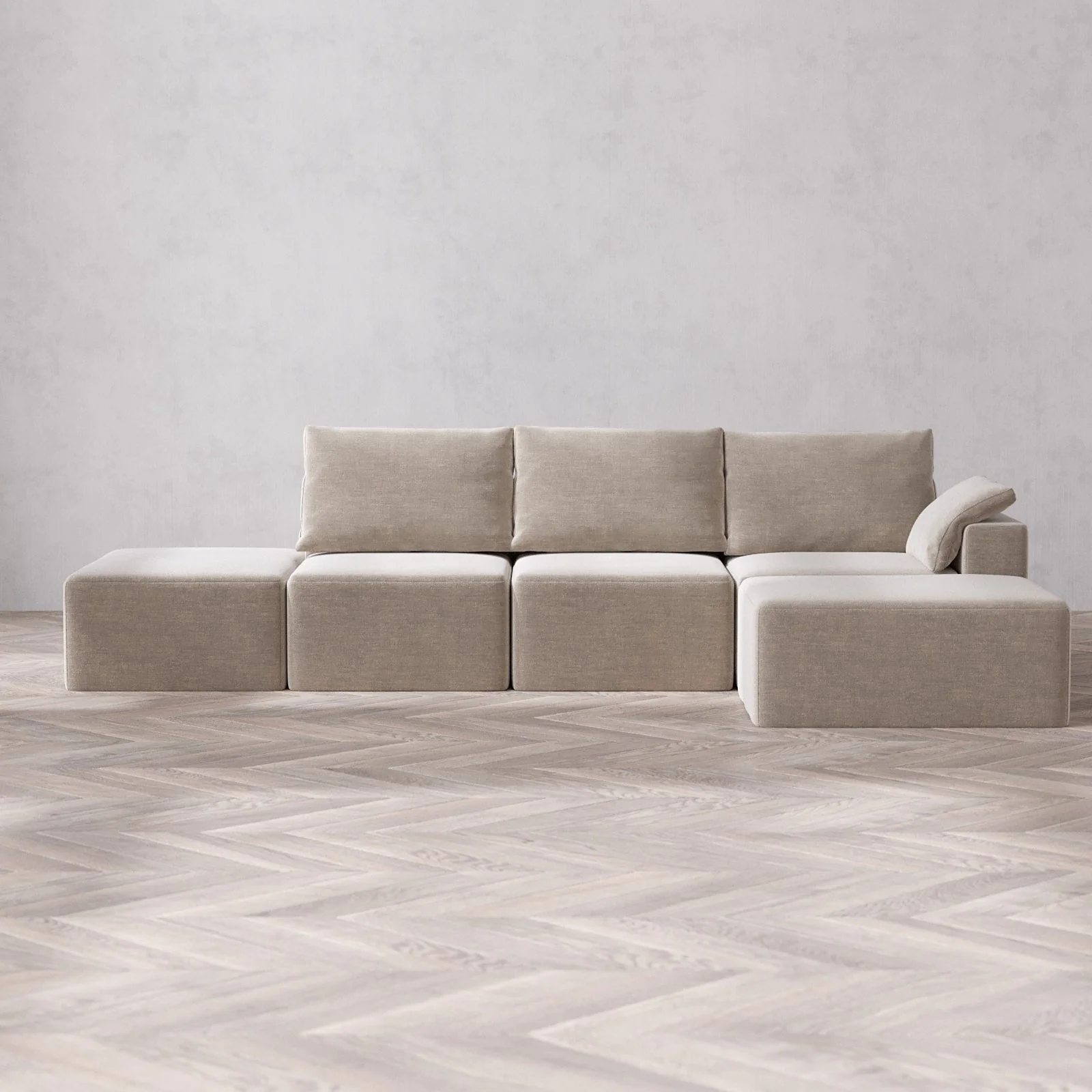 Modular Washable 3-Seater Open End Chaise Sectional Cloud + Bolster Sofa | Right-Facing Arm | Satin Velvet in Caraway