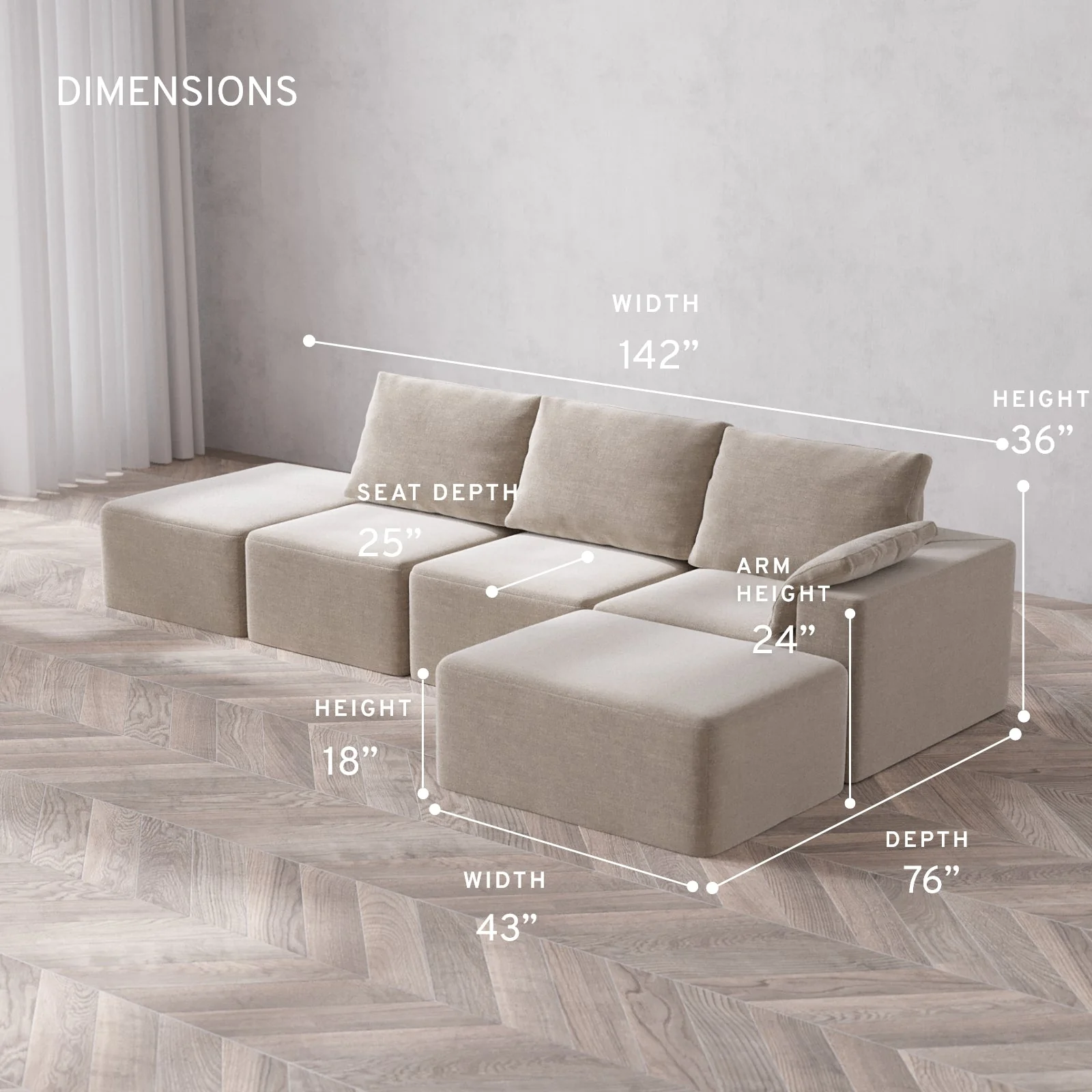 Modular Washable 3-Seater Open End Chaise Sectional Cloud + Bolster Sofa | Right-Facing Arm | Satin Velvet in Caraway - Image 5