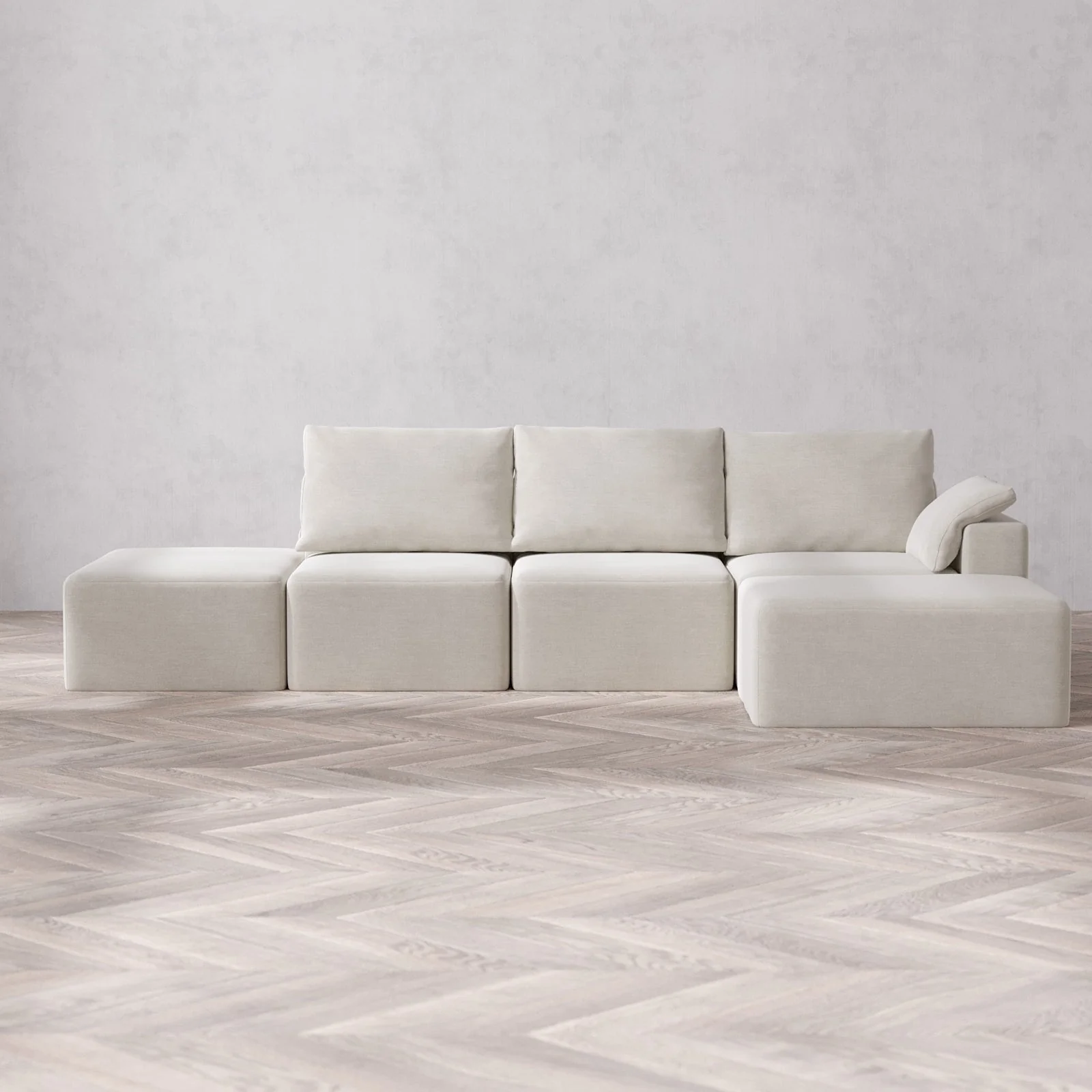 Modular Washable 3-Seater Open End Chaise Sectional Cloud + Bolster Sofa | Right-Facing Arm | Satin Velvet in Cashew