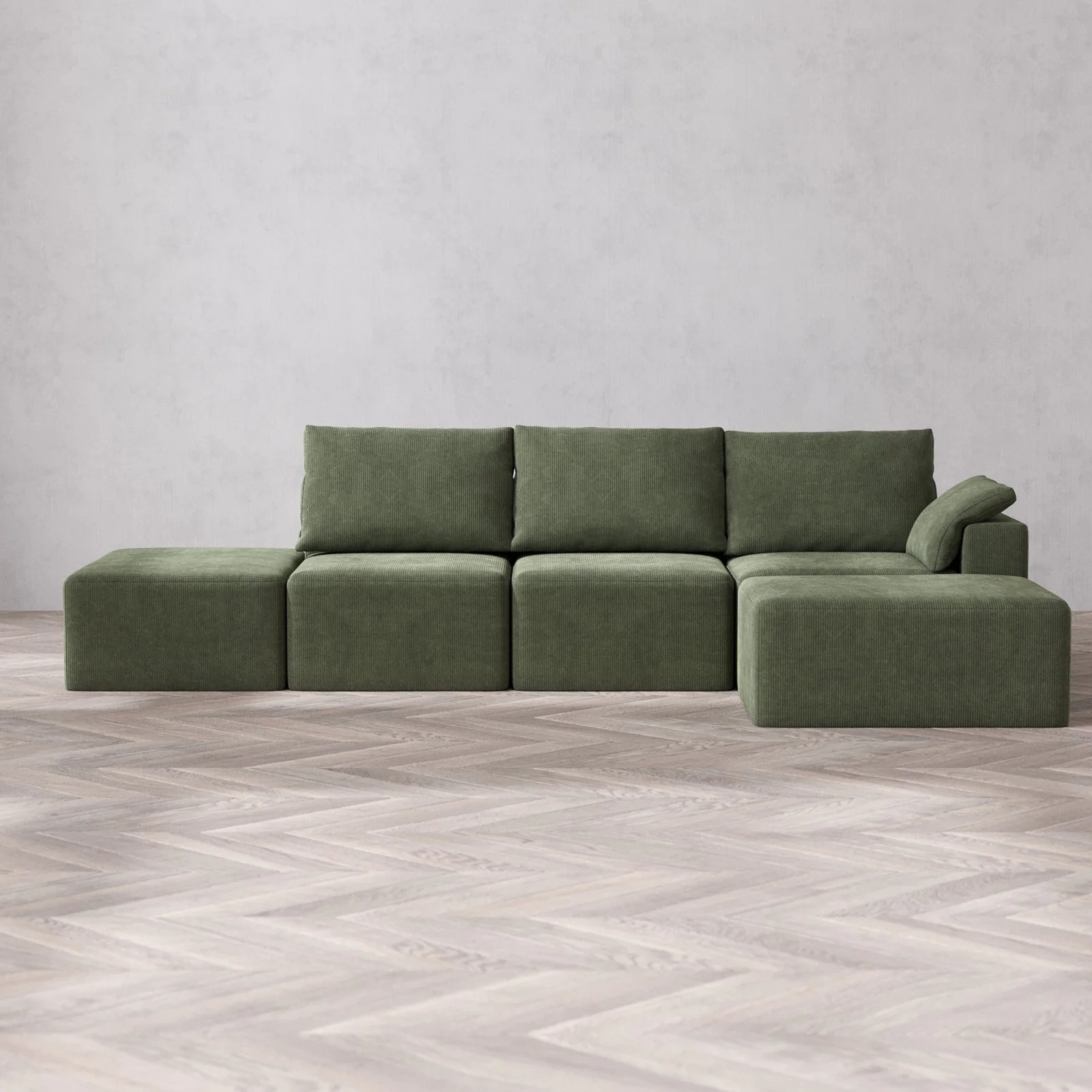 Modular Washable 3-Seater Open End Chaise Sectional Cloud + Bolster Sofa | Right-Facing Arm | Luxe Corduroy in Juniper