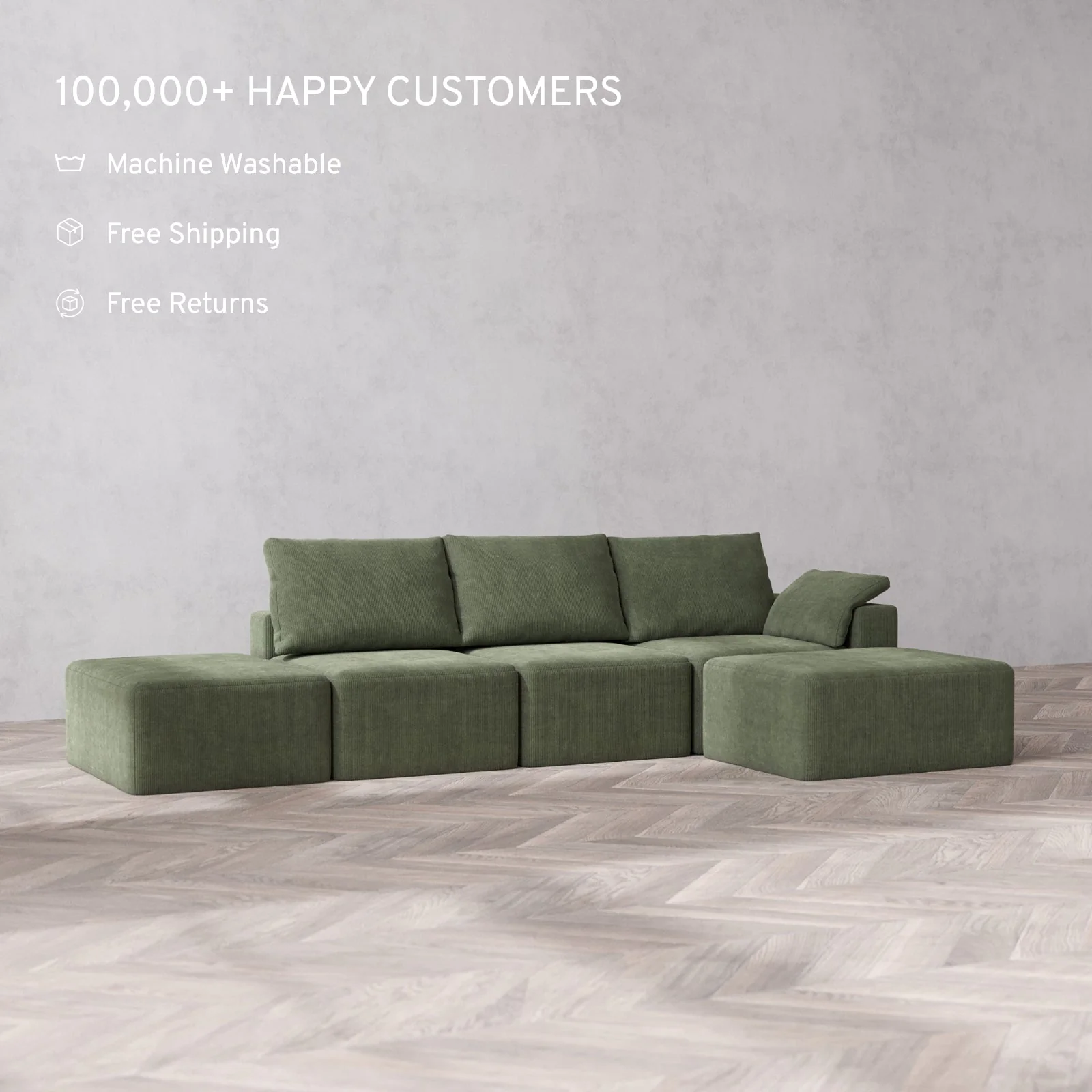 Modular Washable 3-Seater Open End Chaise Sectional Cloud + Bolster Sofa | Right-Facing Arm | Luxe Corduroy in Juniper - Image 2