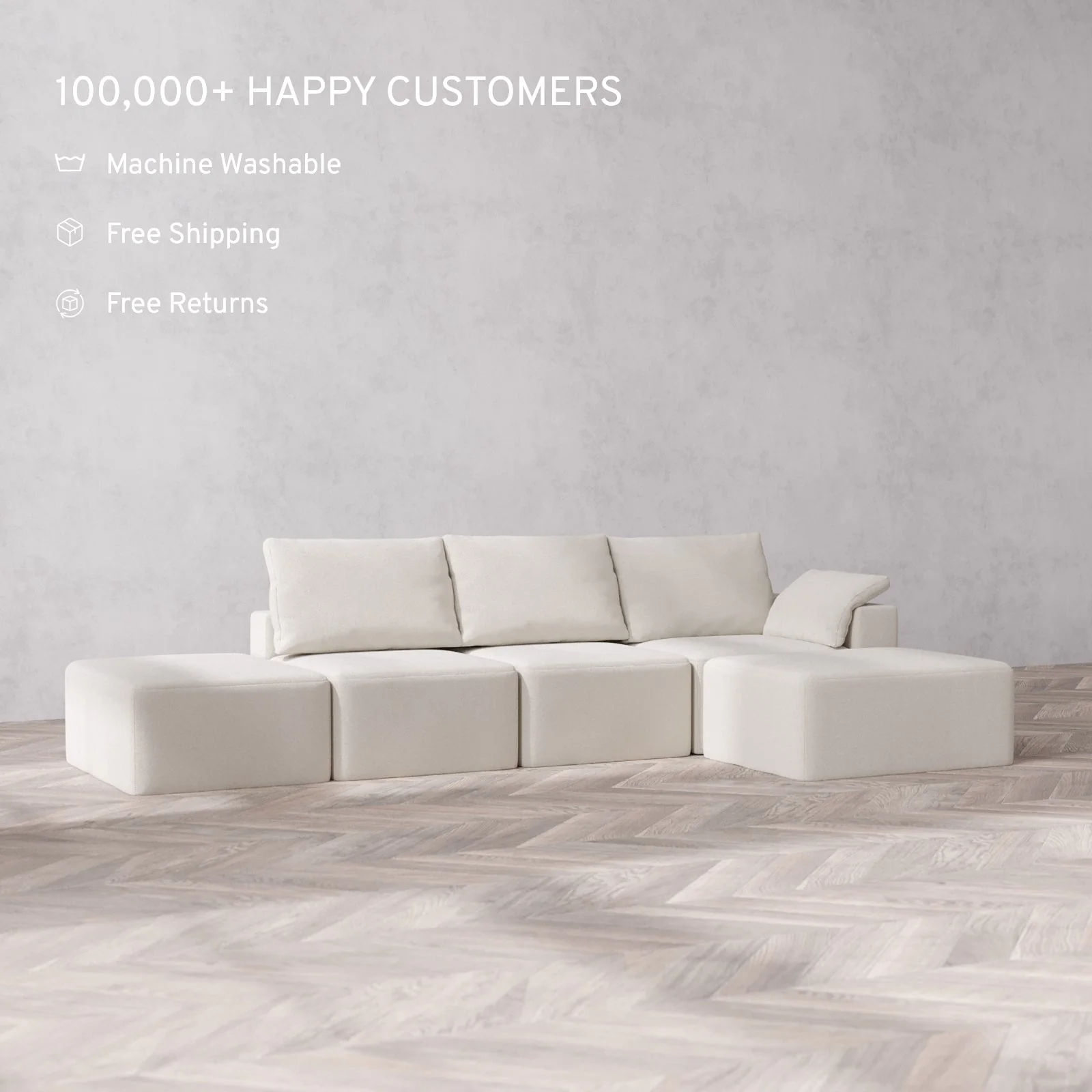 Modular Washable 3-Seater Open End Chaise Sectional Cloud + Bolster Sofa | Right-Facing Arm | Lux Weave in Pearl - Image 2